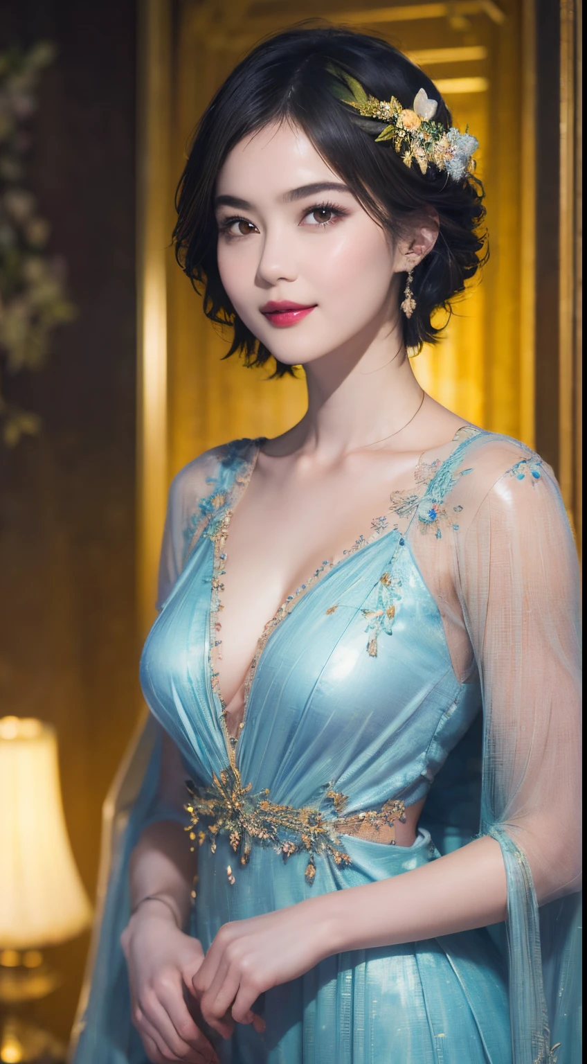120
(a 20 yo woman,is standing), (A hyper-realistic), (high-level image quality), ((beautiful hairstyle 46)), ((short-hair)), (Gentle smile), (breasted:1.1), (lipsticks), (florals), (Luxurious room), (Depth of field is deep)