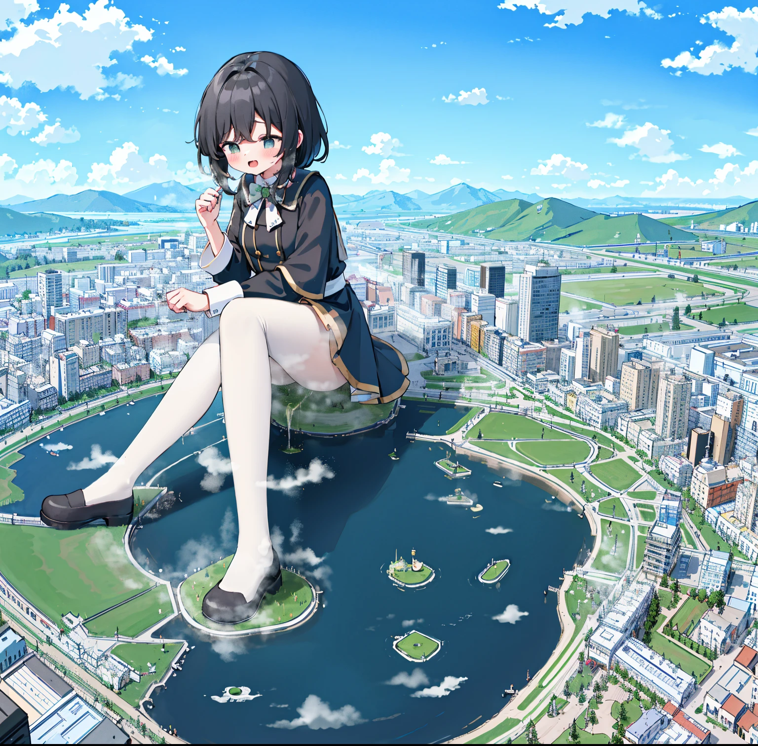 NSFW,clouds, looking over city, mountain ranges, tmasterpiece, Best quality at best, The content is very detailed,tmasterpiece,Best quality at best,offcial art,extremely detaild的 CG unified 8k wallpapers,{{{A giantess}}},Huge girl,1 busty girl,modern miniature city,pissing,no shoe,{blackstockings},squatt,The face is red,comfortable expressions,pissing,urine,Nourishes urine,urine squirting,Urine gives off steam,Modern miniature city squatting and peeing ,Soak your feet,white panties,The city is full of urine