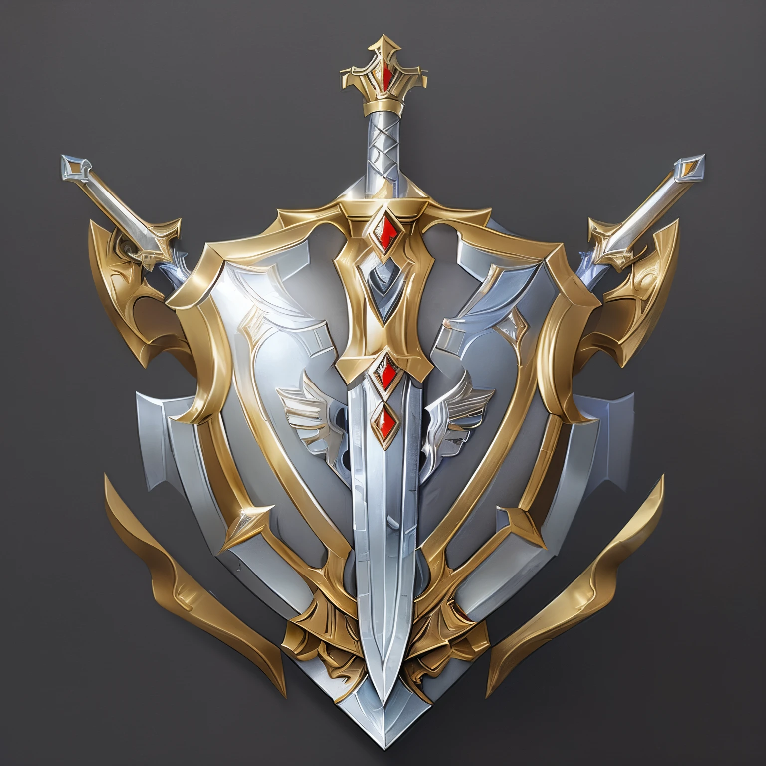 (tmasterpiece, top-quality, Best quality, offcial art, Beauty and aesthetics:1.2), (8K, Best quality, tmasterpiece:1.2),A shield, simple，The sword，arma，badges，Metallic，armour，tiara crown，Symmetrical geometry，symmetric beauty，Two-dimensional style，with black background