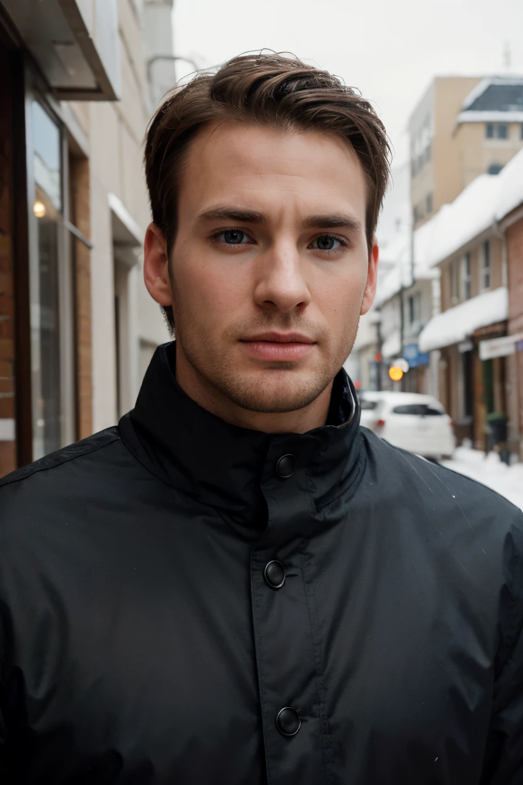 Portrait, real photo, handsome, thin and tall young man, about 30 years old, looks like Chris Evans, no wrinkles, short hair, not a studio photo, blue eyes, with a long straight nose, no arms, head turned straight, it's winter outside, photo up to the waist, wearing a black winter jacket, looking straight into the camera, thin, correct facial features, square jaw, wide neck,