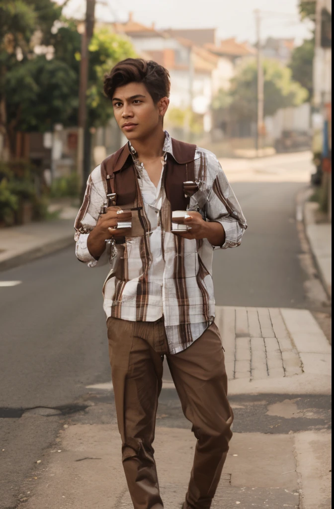 Boy with coffee road background realisti c realistic face