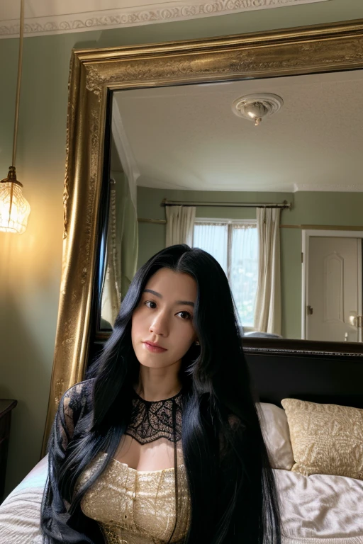 Woman with black long hair, wearing a lacey nightgown taking a selfie in front of a mirror in her bedroom