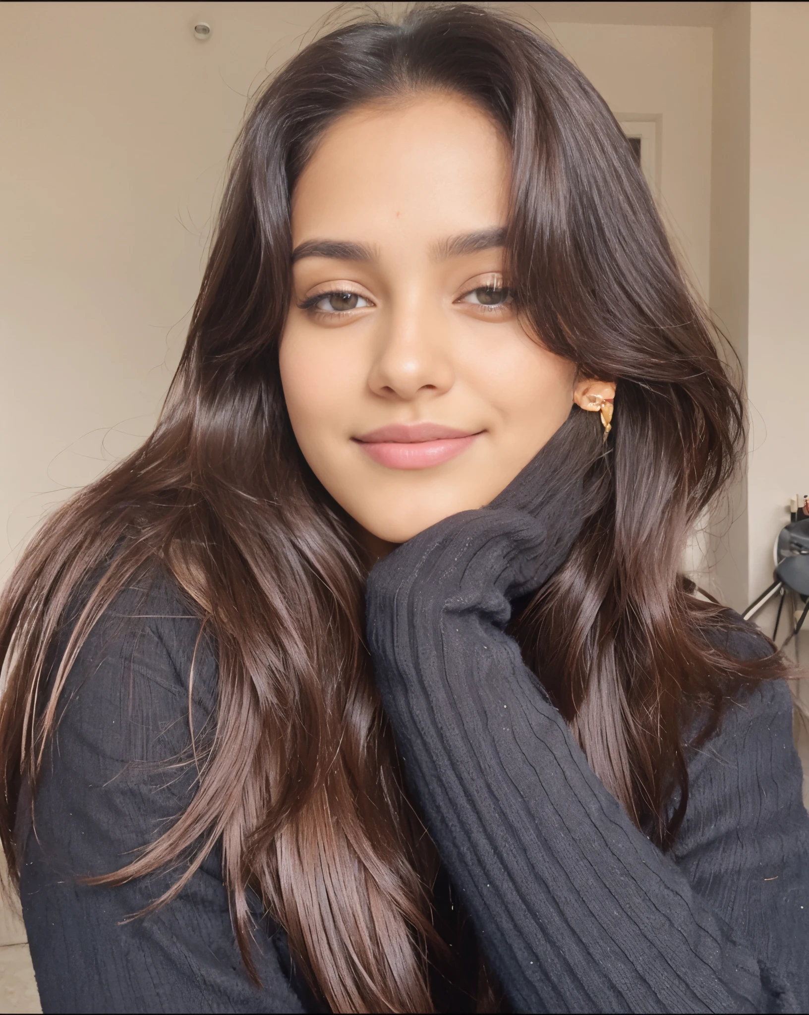 Beautiful ,23 years young girl,confident looking,8k,realistic,dark brown hair,fair skin, indian,long hair,clear facial features,