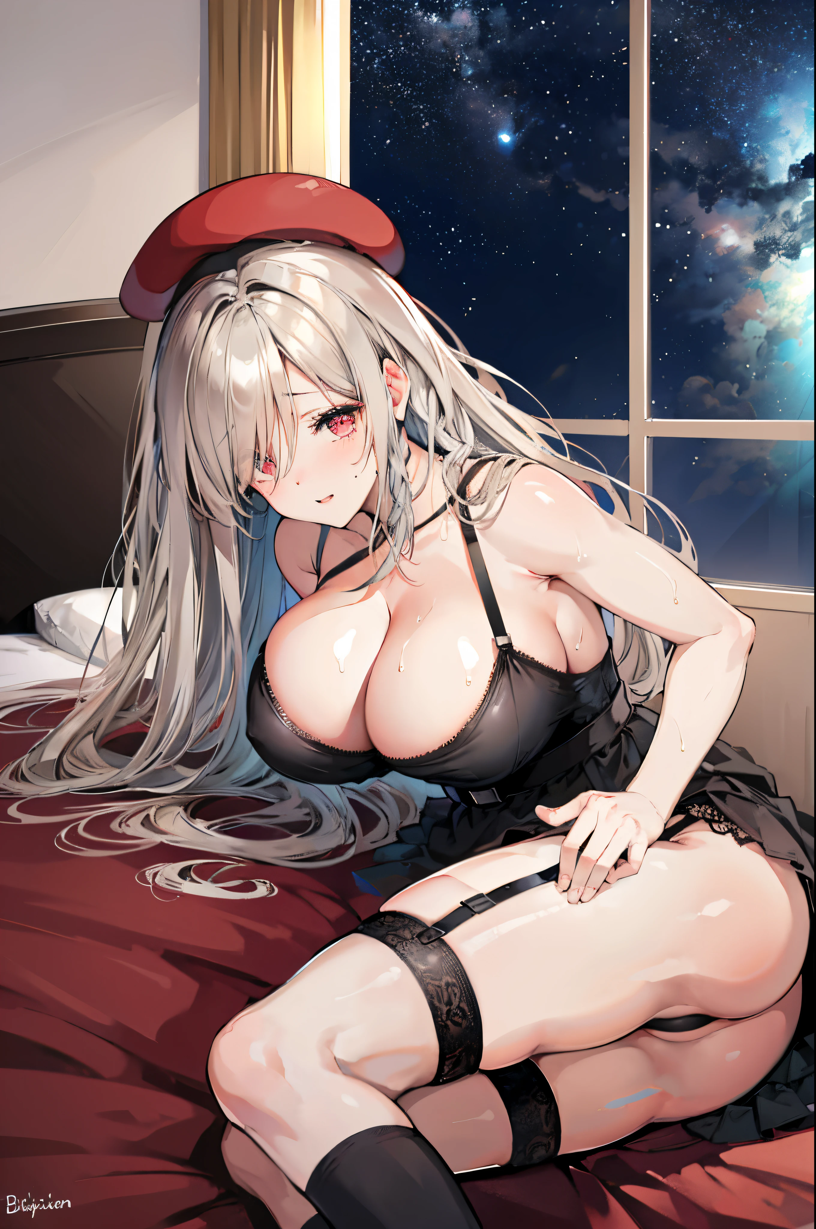 apartment window, bed, night sky out side the window, on the bed, huge breasts, black underwear, black garter belt, busty figure, nude, high quality, high details, wet skin, sexy