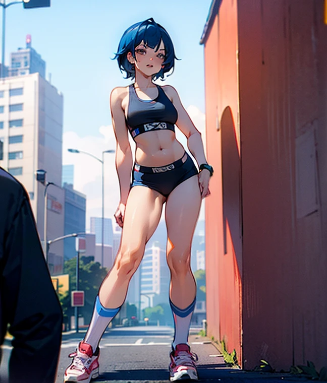 Sexy 25 year old woman, short blue hair, sports bra and shorts, tiny shorts, boyshorts, spandex shorts, short shorts, knee high socks, below the knee socks, athlrtic stripe (socks), snakers,shoes, sneakers, standing, posing for photo, flirty, full body, crowded city street, good quality, 4k, masterpiece, pin-up