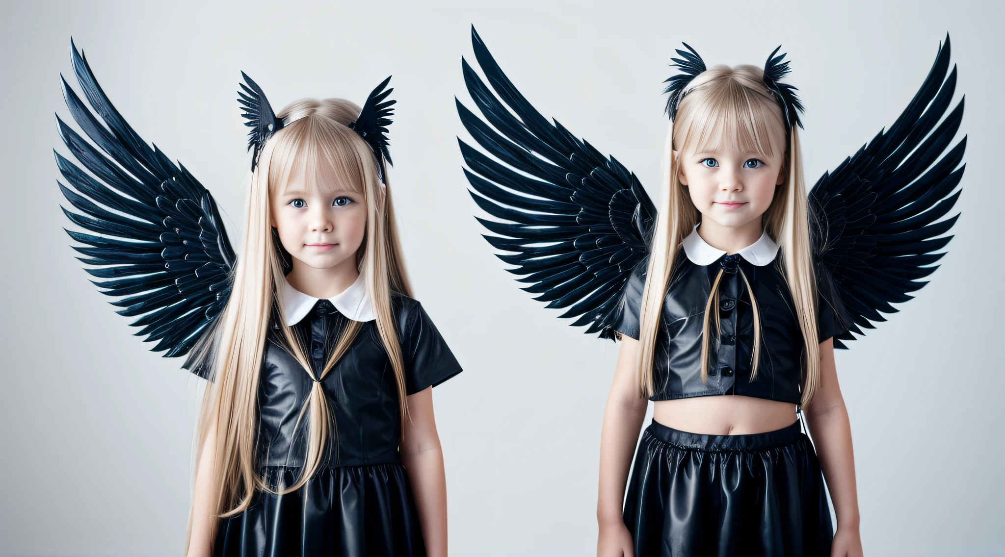 ta blonde child girl LONG HAIR, com asas em um fundo branco, Asas pretas ligeiramente queimadas, Asas Negras, lasers azuis, fundo preto.
