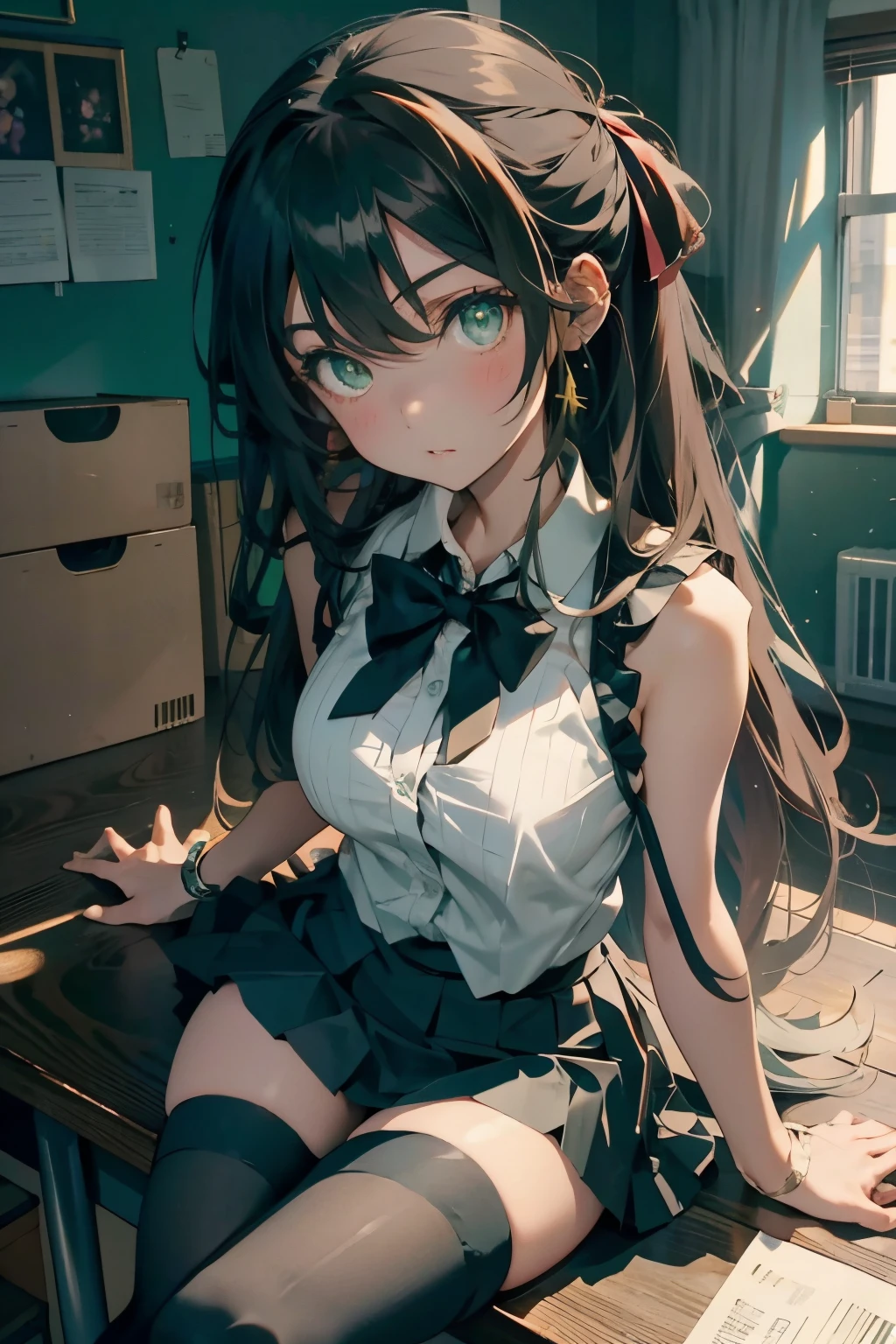 an anime girl sitting on top of a desk, 1girl, solo,  long hair, black skirt, shirt, thighhighs, sleeveless shirt, sitting, sleeveless, pleated skirt, looking at viewer, indoors, off shoulder, collared shirt, open clothes,  ,  black thighhighs,  green eyes,  desk, bowtie, shy, bow,1girl, Cecilia,more_details:-1, more_details:0, more_details:0.5, more_details:1, more_details:1.5