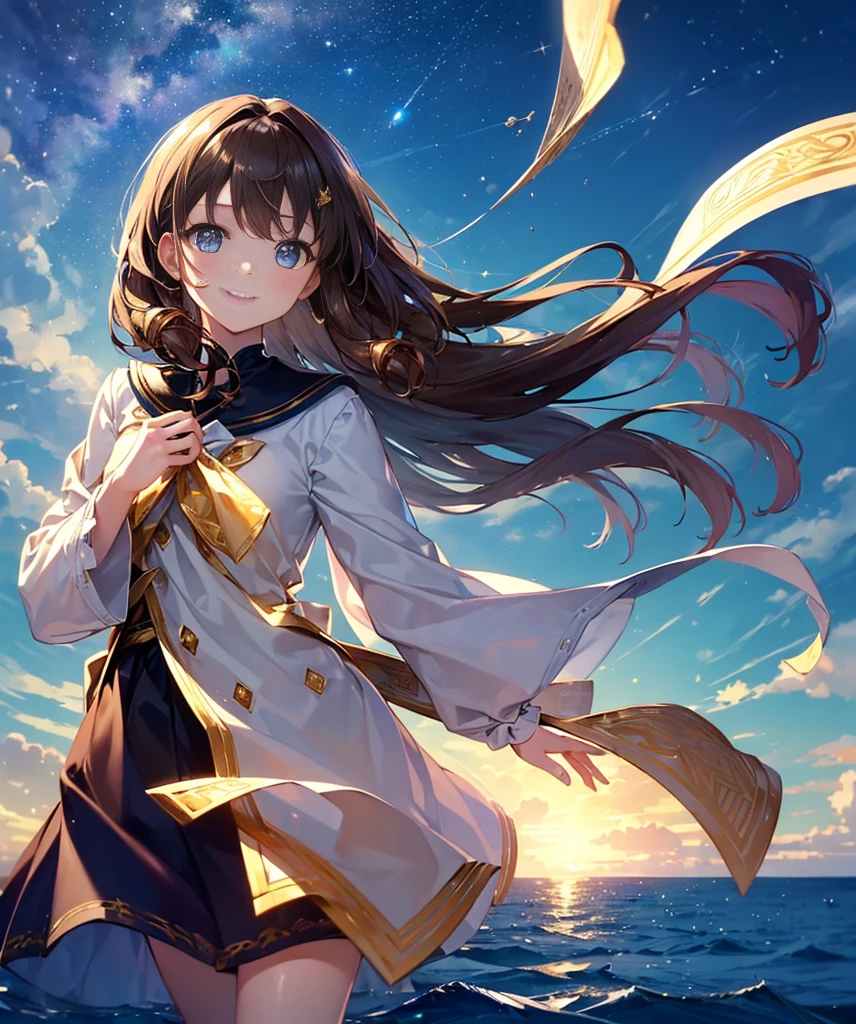 (((masterpiece)))、(((top-quality)))、((ultra - detailed))、(illuminations)、((Extremely Delicately Beautiful))、A smile、floating、Brown hair、(detailedlight) (1 girl in)、、独奏、Long-haired、The wind is blowing、A WORLD、In nature、blue-sky