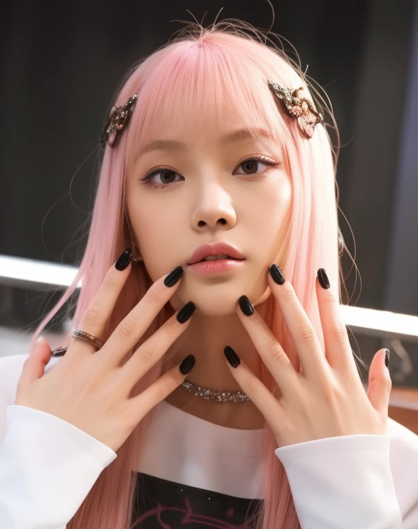um close de uma pessoa com cabelo rosa e uma camisa preta e branca, jossi do blackpink, Lalisa Manoban do Blackpink, Parque Roseanne do Blackpink, linda Delphine, com o dedo indicador, Retrato de Jossi de Blackpink, rosa e preto, inspirado em Tadashi Nakayama, unhas pintadas, O corte Hime, Estilo de Masami Kurumada jennie blackpink