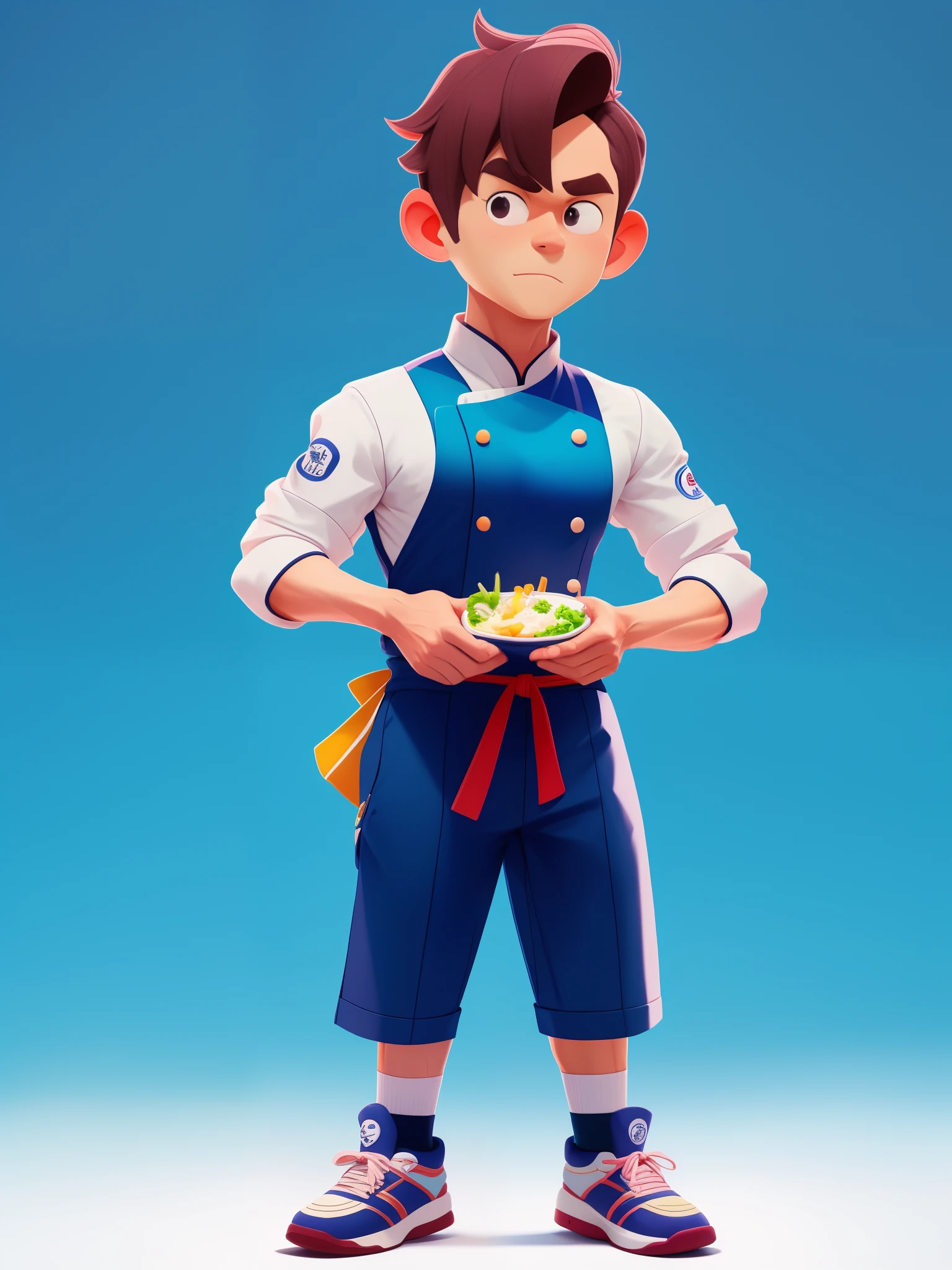 (A man wearing a chef's uniform'校服'校服'校服, cartoon character),clean backdrop。HighDynamicRange,sporty attire,Colorful,gentlesoftlighting