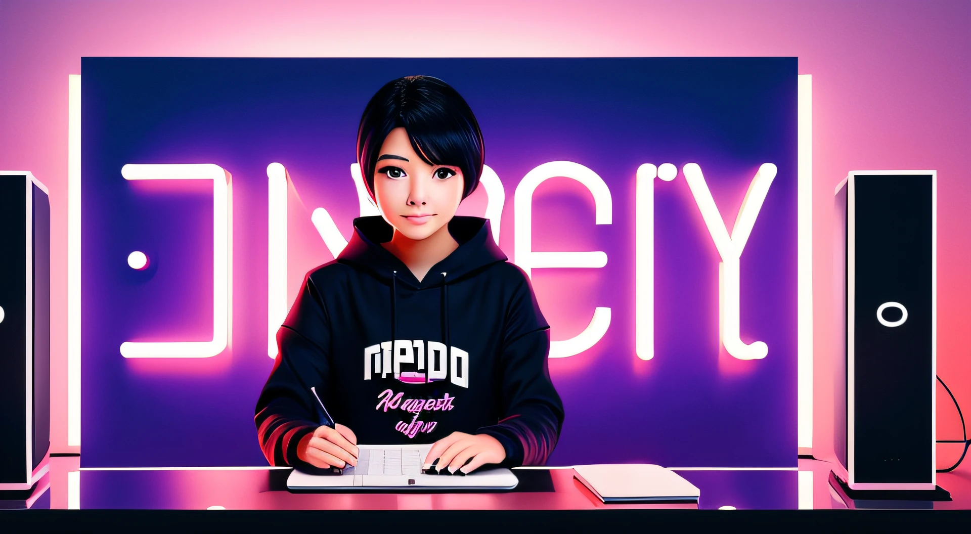 A photo of a 19-year-old female with fair skin and short straight black hair. She has a resemblance to the Japanese voice actress and singer Tsukasa Aoi. She is wearing a black hooded sweatshirt with the word "Aji" screen printed on the front in large font. She is also wearing a black skirt and pink shoes. The subject is situated in a computer room holding up a LED sign that says "If you're tired, take a rest." In the background there is a large computer monitor displaying network status information. The backdrop scene should be beautifully designed in a professional and creative style with intentional lighting, colors and shadows.
