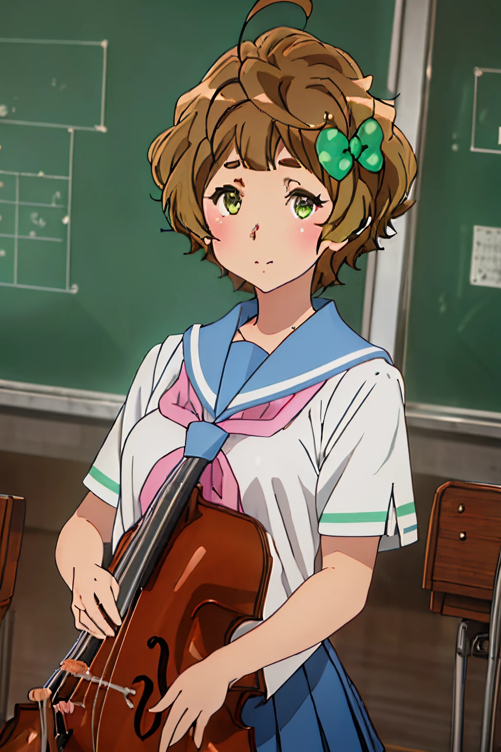 Best Quality, masutepiece, hight resolution, Solo, {Kawashima_sapphires_Sound Euphonium:1.15}, Short_hair, brown_hair, blush, Bow, hair_Bow, serafuku, Green_Eyes, Green_Bow, Ahoge, polka_dots, brown_Eyes, 1girl in, Blue_sailor_Collar, Beiyuji Temple_high_School_uniform, sailor_Collar, School_uniform, Shirt, white_Shirt, neckerchief, Short_sleeves, Closed_Mouth, musical instrument, Bangs, Indoors, Pink_neckerchief, Holding_musical instrument