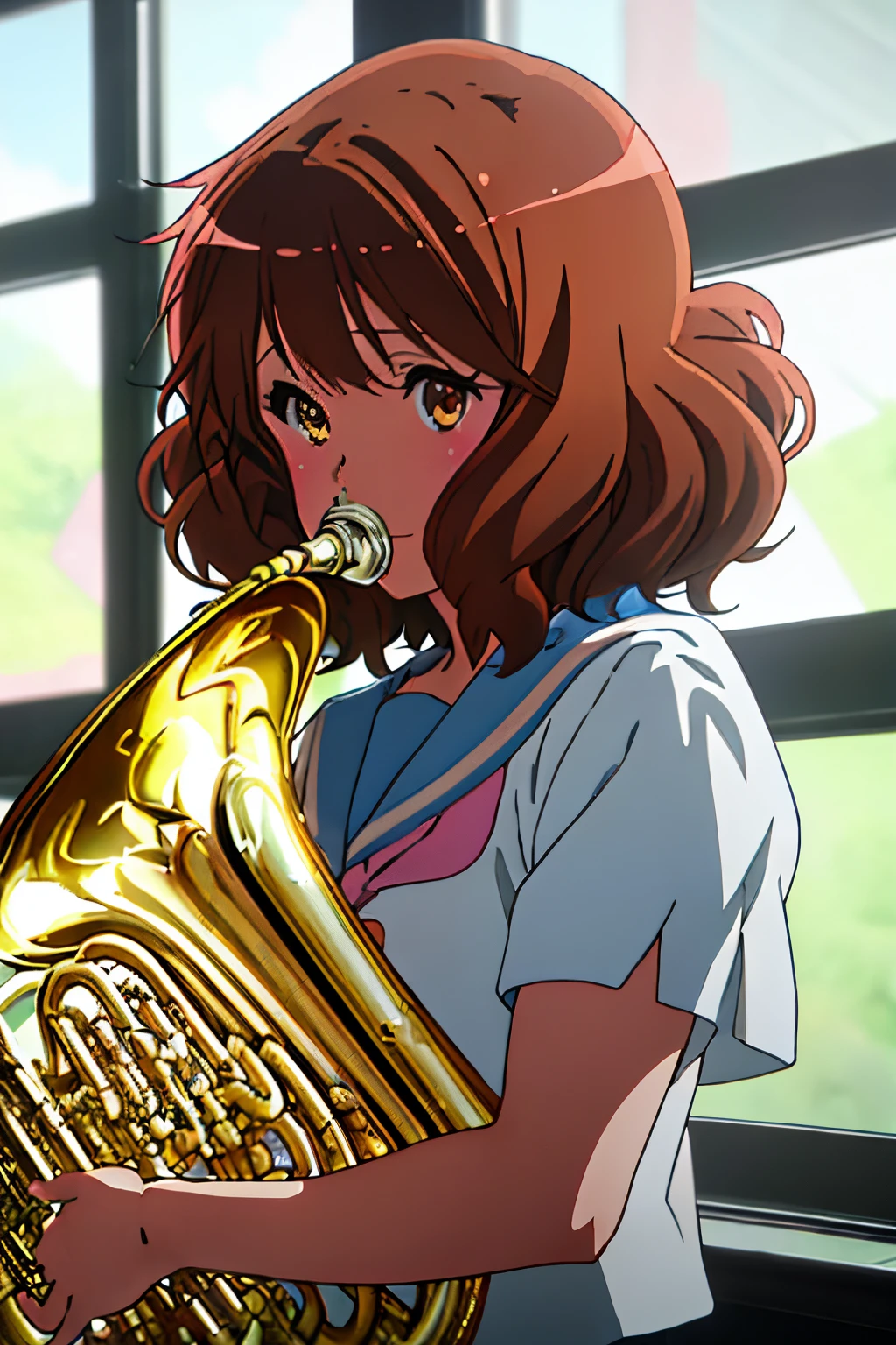 Best Quality, masutepiece, hight resolution, Solo, {Oumae_Kumiko_Sound Euphonium:1.15}, brown_hair, Short_hair, brown_Eyes, blush, serafuku, Bangs, Closed_Mouth, 1girl in, Blurry_Background, close-up, up looking_で_viewer, Portrait, Blurry