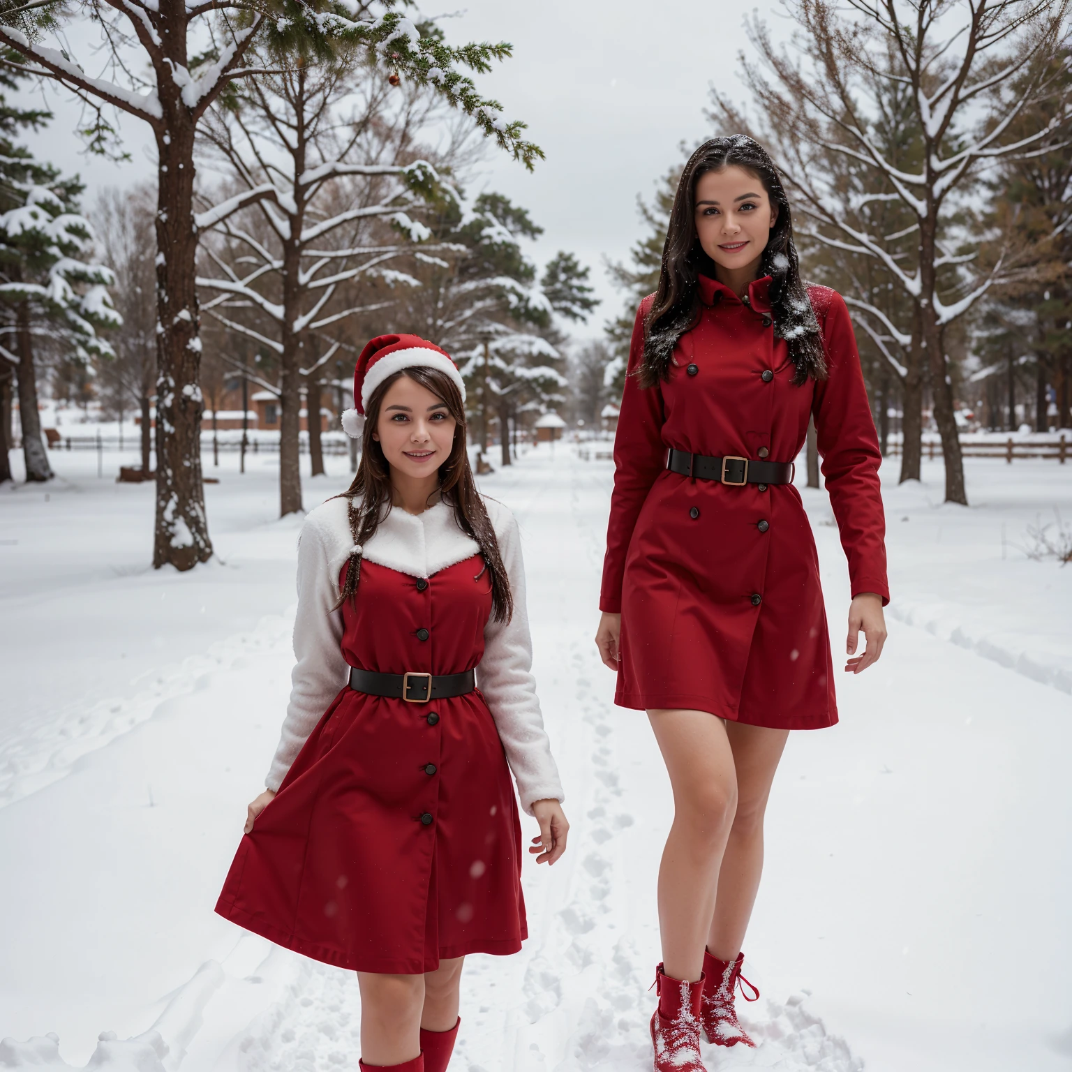 Santa woman standing in the snow wearing a red dress