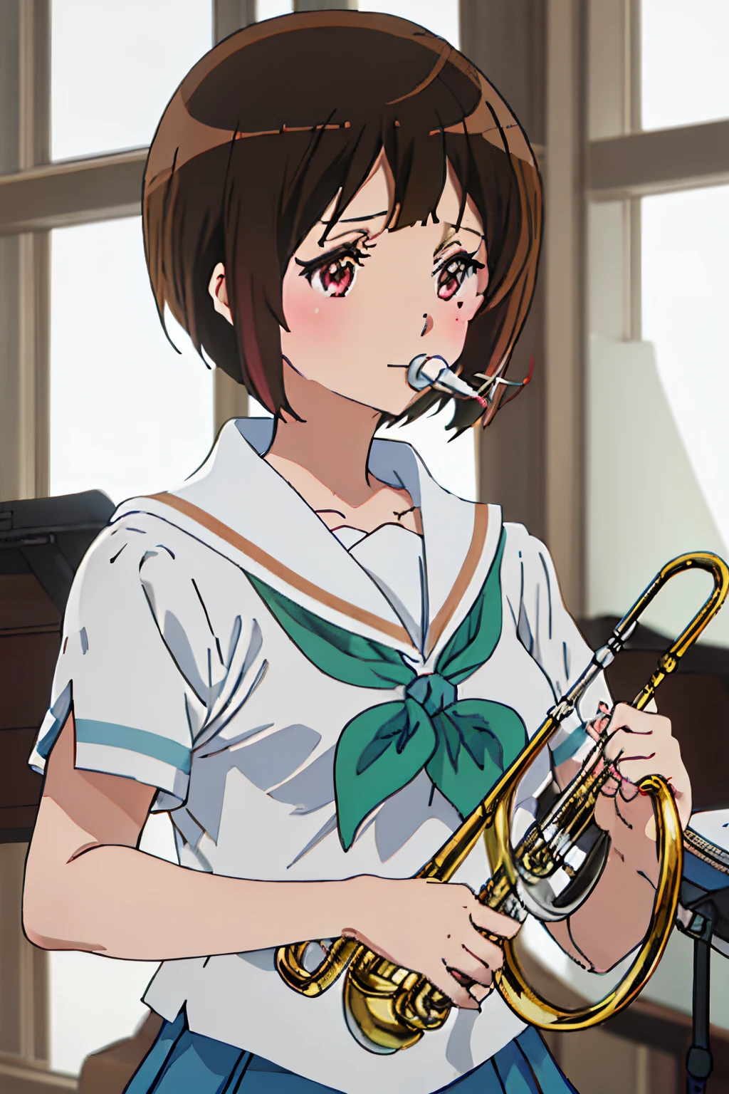 Best Quality, masutepiece, hight resolution, Solo, {Nakaseko_aroma_Sound Euphonium:1.15}, Short_hair, brown_hair, serafuku, Mole, Mole_Under_eye, blush, Red_Eyes, Bangs, Blurry, 1girl in, Anime_Coloring, brown_Shirt, Indoors, musical instrument, Beiyuji Temple_high_School_uniform, neckerchief, sailor_Collar, School_uniform, white_sailor_Collar, Green_neckerchief, The upper part of the body_Body, Shirt