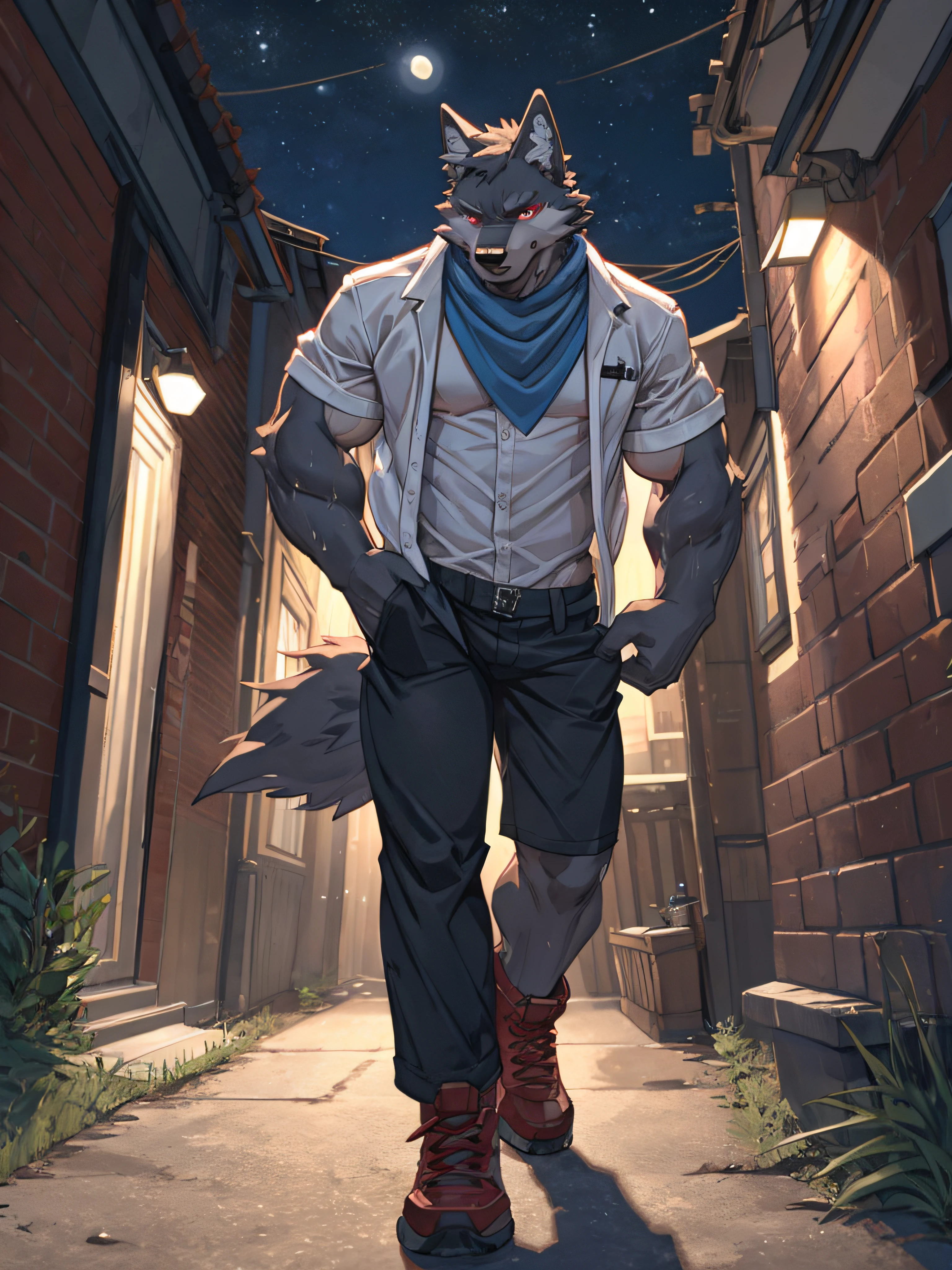Furry,solo,wolf,masculine,Black feathers,bright red eyes,Muscular,No shirt.,Wear tight shorts.,(((The genitals were so clear that they were clearly pushing into the pockets of the pants.))),Wear a blue scarf,There are many sweat stains on the body.,There&#39;s a cough coming out of the mouth.,An embarrassed expression on his face.,standing in the alley,nighttime