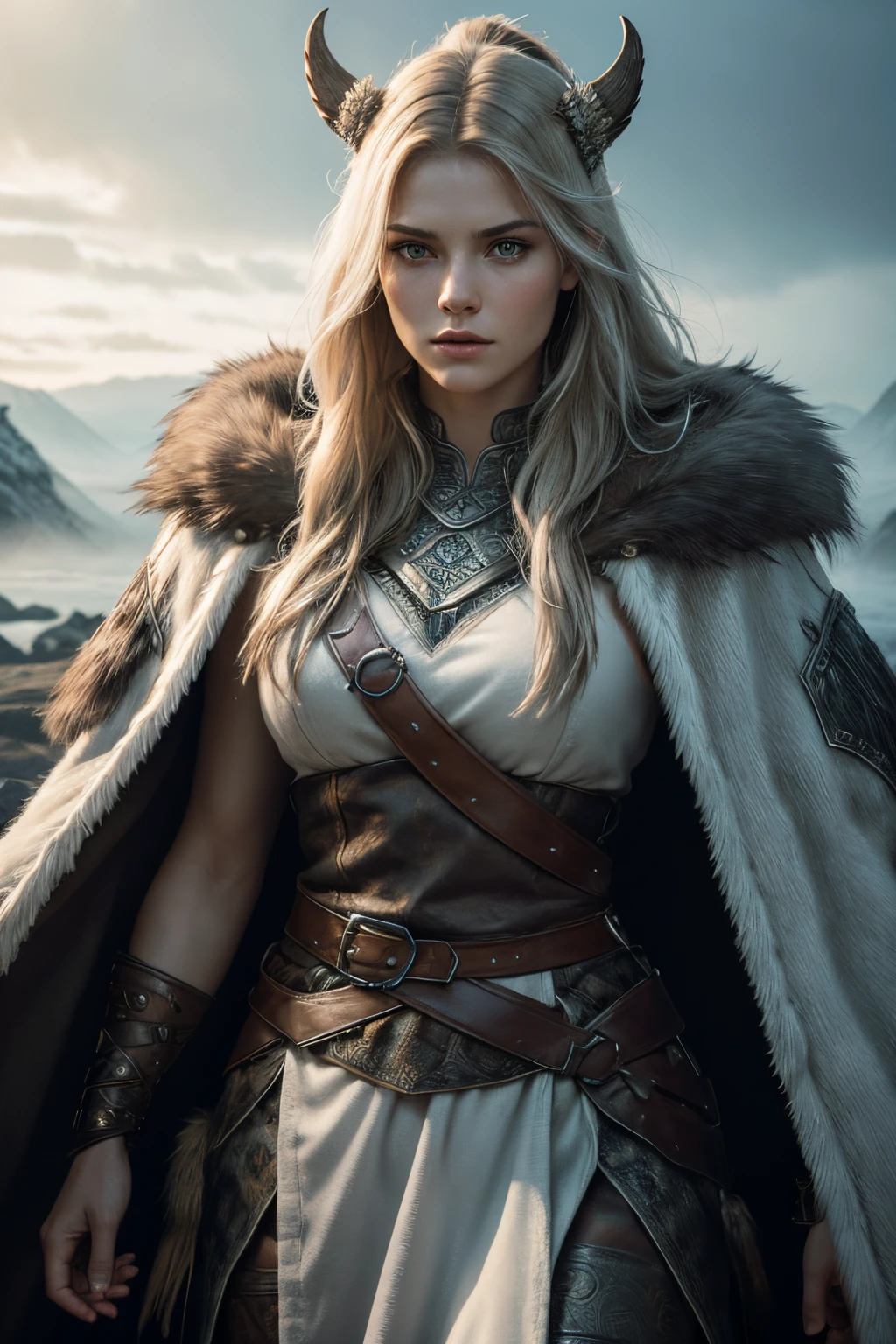 8K ultra - realistic photograph of a young stunning female Viking warrior, standing tall and imposing, open robe. The intricate details of the wolf's fur, the texture of its teeth, and the warrior's pale facial features are captured with precision. The Viking's eyes, intense and fierce. The backdrop is a misty Nordic landscape, enhancing the mystique of the scene. Captured with a Canon.