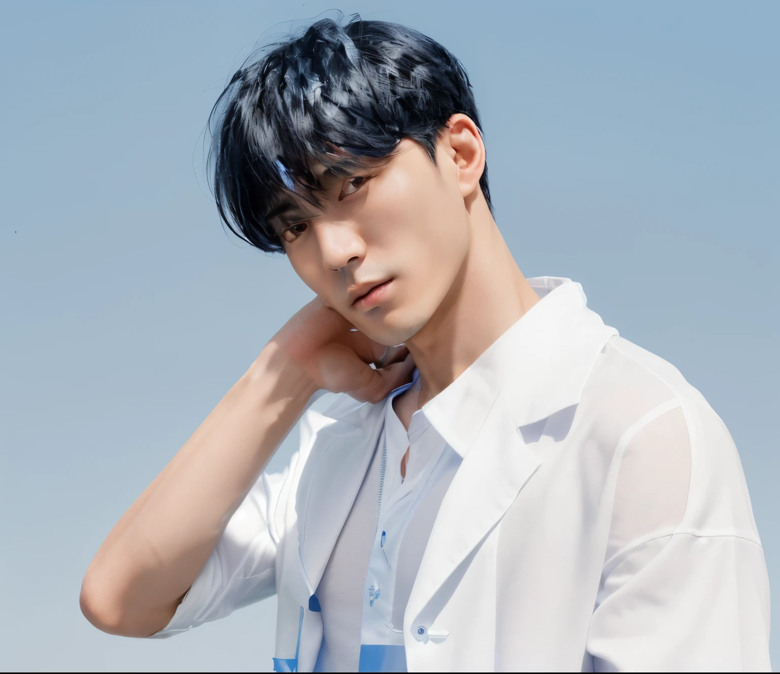 black haired japanese man　shorth hair　well-muscled　portlate　　studio　　hight resolution　4K 　late 20s age　　with a blue background　white  shirt　Manteau blanc　sunlight