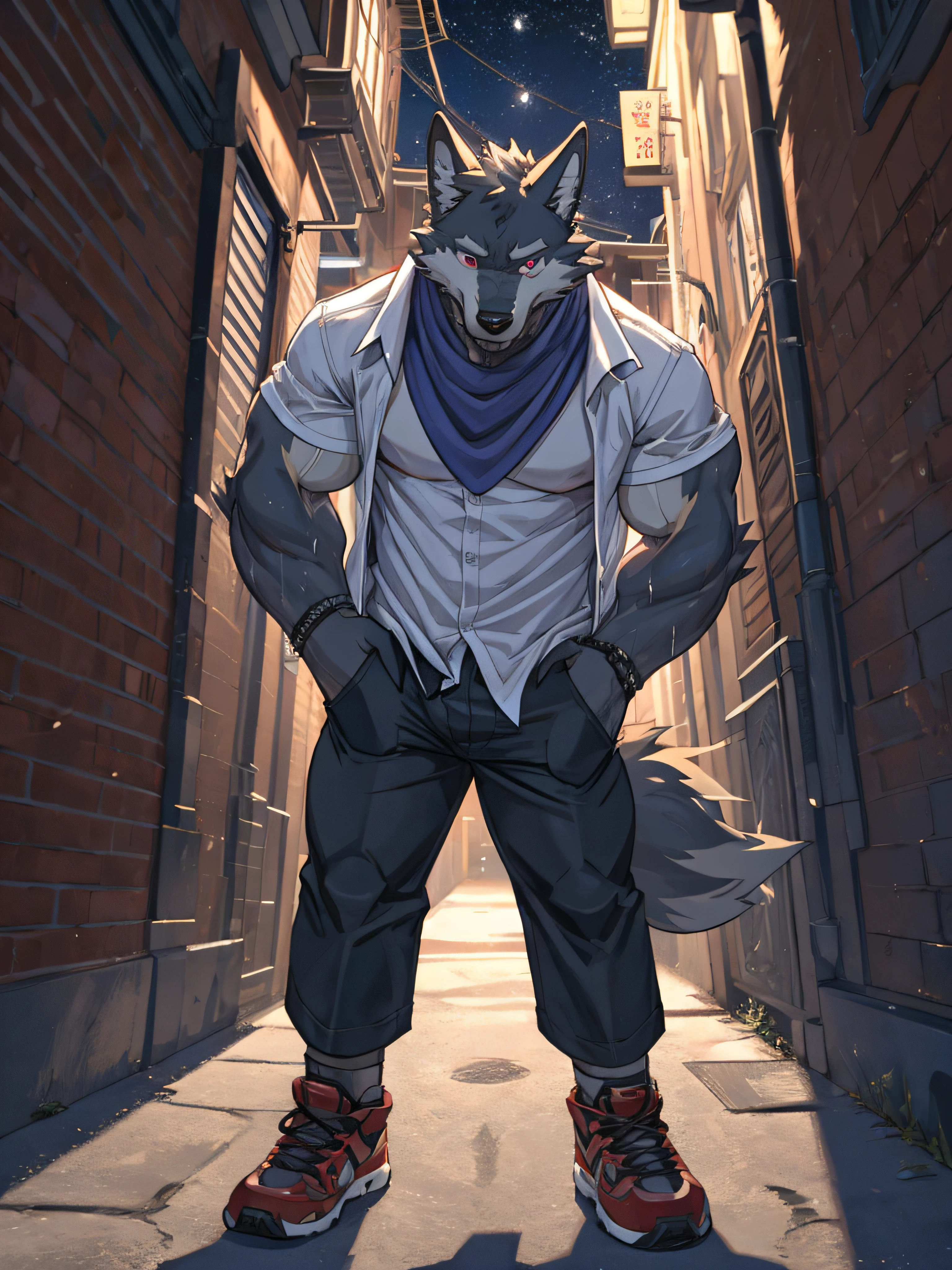 Furry,solo,wolf,masculine,Black feathers,bright red eyes,Muscular,No shirt.,Wear tight shorts.,(((The genitals were so clear that they were clearly pushing into the pockets of the pants.))),Wear a blue scarf,There are many sweat stains on the body.,There's a cough coming out of the mouth.,An embarrassed expression on his face.,standing in the alley,nighttime