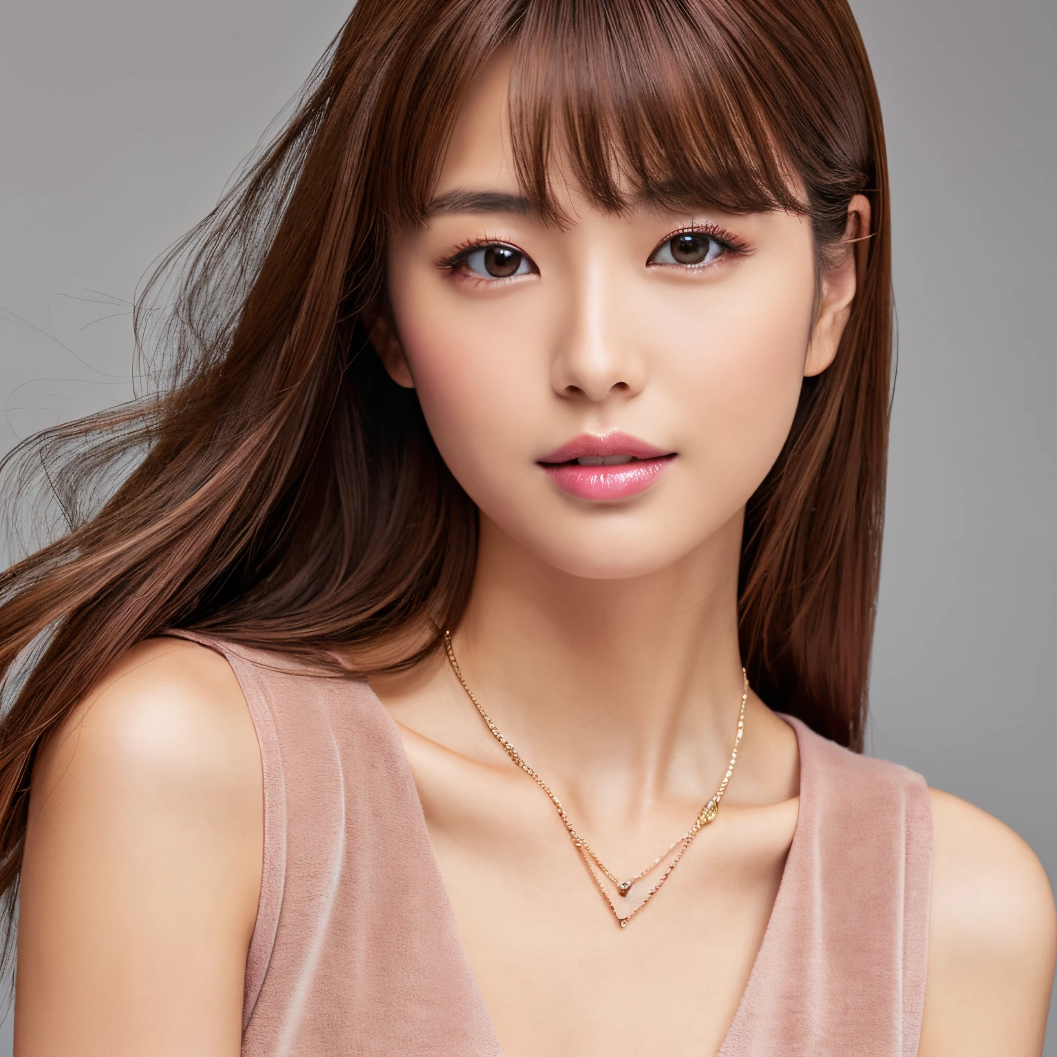 fashion modell、Japanese women who are too beautiful、eye make up、pink lipsticks、Brown-colored hair、high-level image quality、realistic photography, a necklace