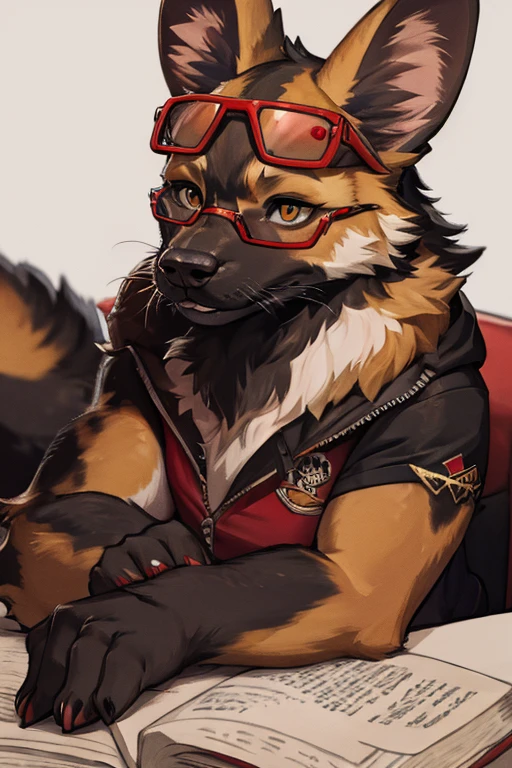 african wild dog wearing red glasses