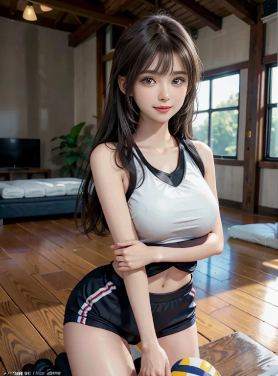 1 Lady Solo, /(Volleyball uniform/), /(dark brown hair/) Bangs, A light smile with a blush, (masterpiece best quality:1.2) Ultra-detailed delicate illustrations, Big breasts Break /(Indoor volleyball court/)