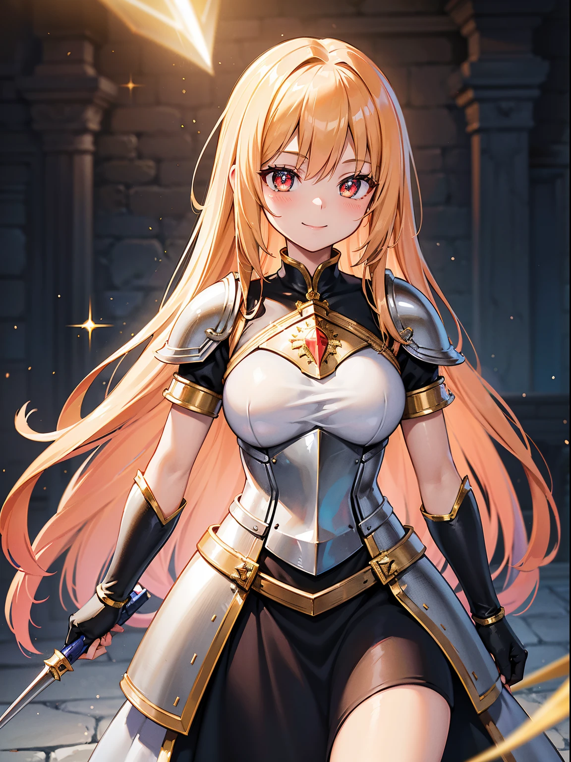 (RAW Photos, Best Quality), (animesque: 1.2), Portrait of an 18 year old woman with golden hair, Red eyes, (sparkling pupils), Female Knights in Fantasy Worlds, black breastplate mail, White Dress Armor, Smiling smile, fantasy castle town background, Professional Lighting, Photon mapping, Physically Based Rendering,