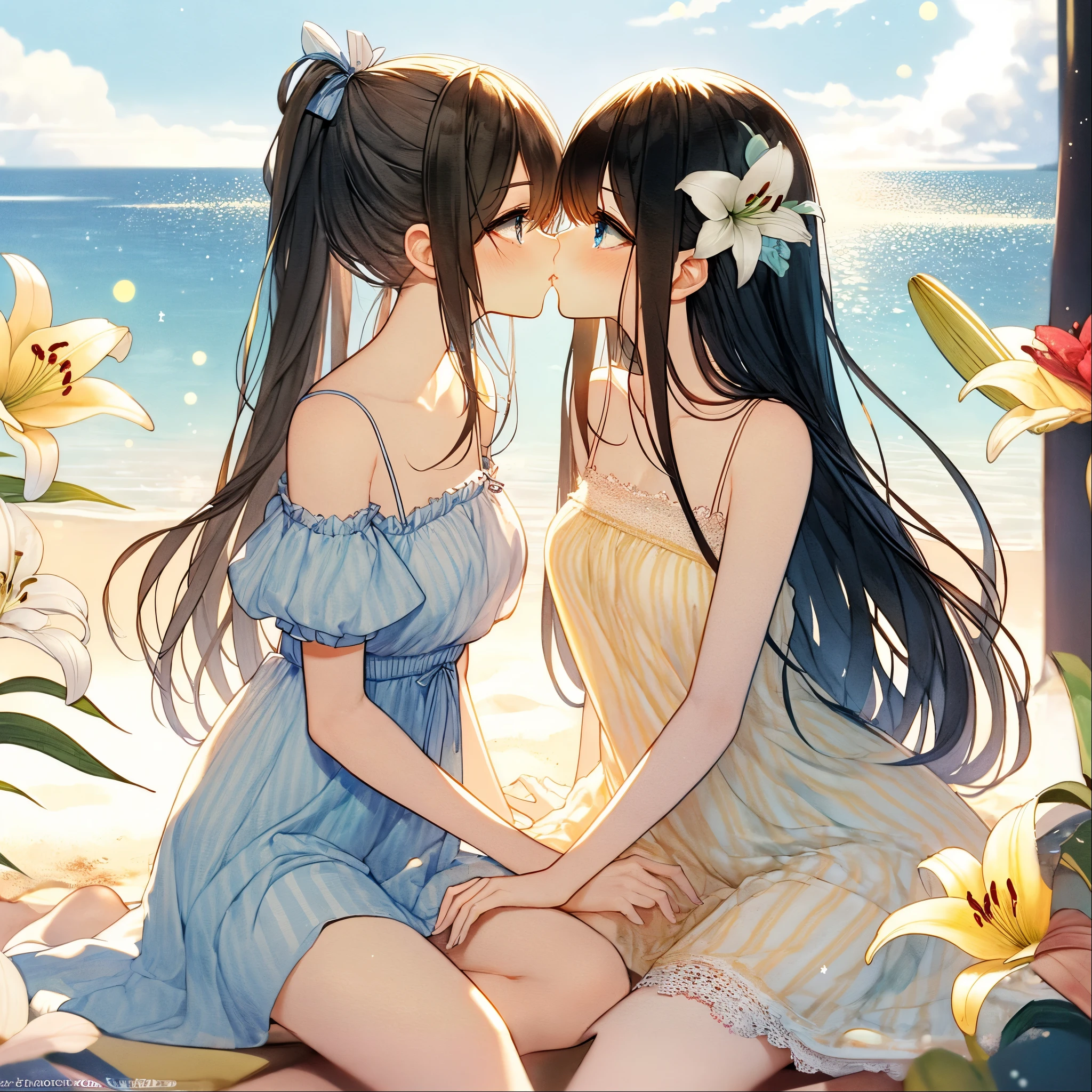 Anime couple sitting on the beach and kissing each other, two beautiful anime girls, kissing together cutely, Beautiful anime, Anime Girls, artwork in the style of guweiz, Trending on CGSTATION, guweiz on pixiv artstation, guweiz, guweiz and makoto shinkai, pixiv, nice deep kiss