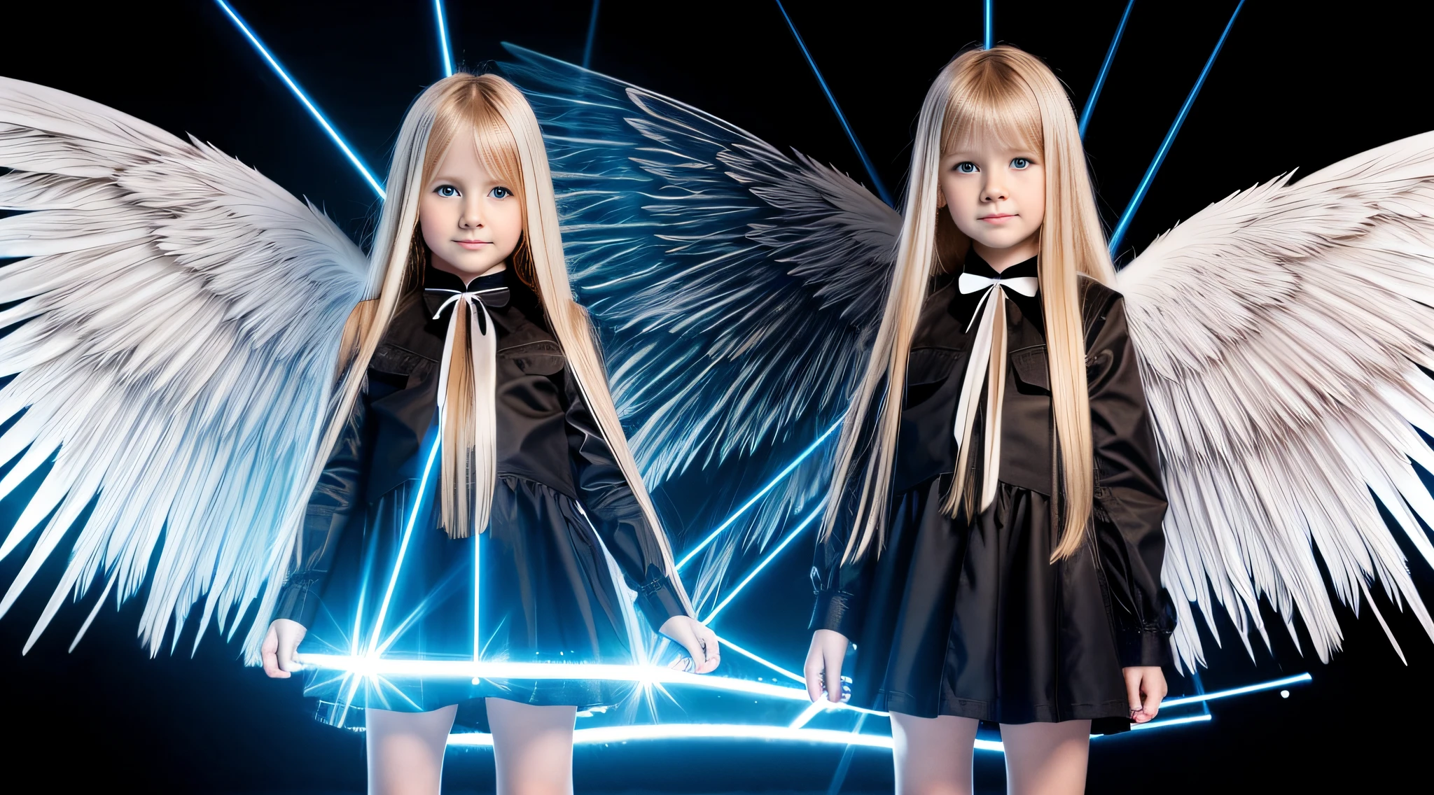 ta blonde girl LONG HAIR, com asas em um fundo branco, Asas pretas ligeiramente queimadas, Asas Negras, lasers azuis, fundo preto.