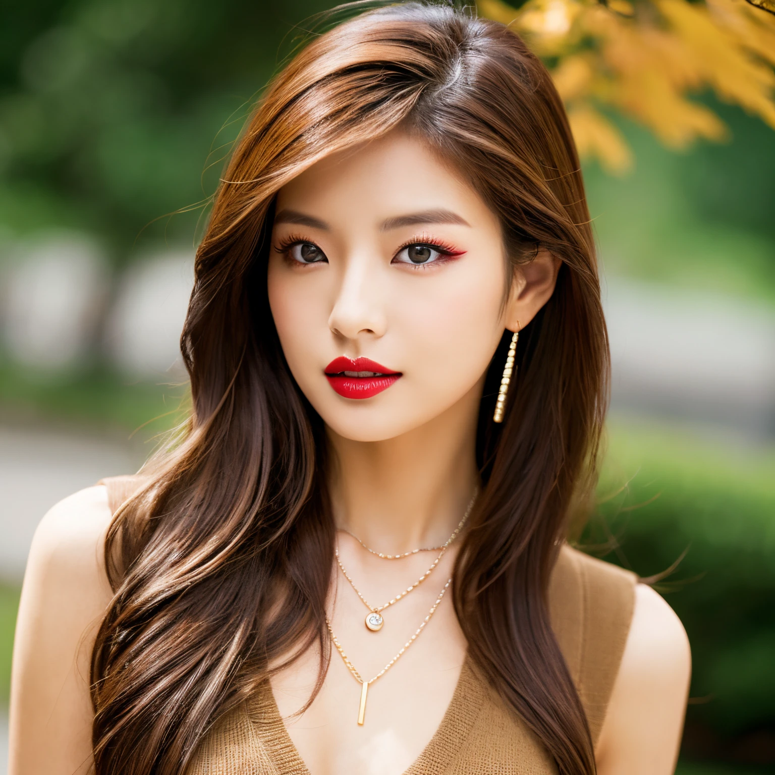 fashion modell、Japanese women who are too beautiful、eye make up、red lipsticks、Brown-colored hair、high-level image quality、realistic photography, a necklace
