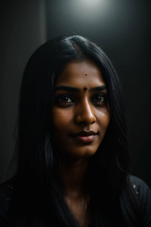 editorial photograph of a 23 year old Tamil woman with (long black hair), (highly detailed face:1.4) (smile:0.7) (background inside dark, moody, private study:1.3) POV, by lee jeffries, nikon d850, film stock photograph, camera f1.6 lens