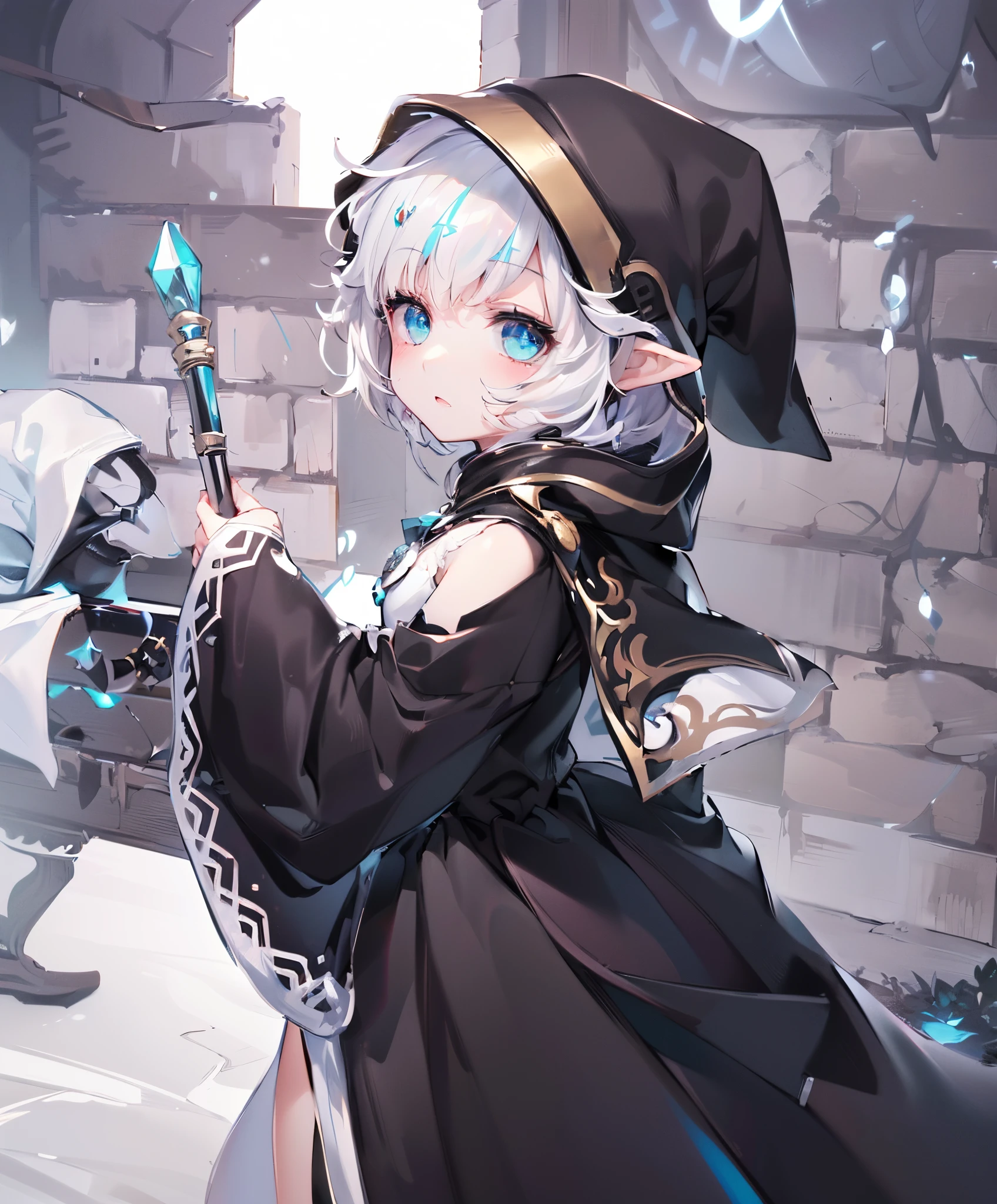 (8K, Best quality at best, tmasterpiece:1.2),\(Eyes detailed\),\(facial feature\),(\(Clothes detail details\)\),Upper part of the body(surface focus) ,Very detailed CG unified 8k wallpaper,hugefilesize,ultra - detailed,A high resolution,Huang Li,beautidful eyes,ray traycing,Dramatic shadows,Detailed pubic hair,dramatic angles,hyper-detailing,(1 girl:1.3),(Alone), girl,(Gamine:1.2),White hair,Cyan eyes,long and pointed ears,(A Necromancer:1.2)