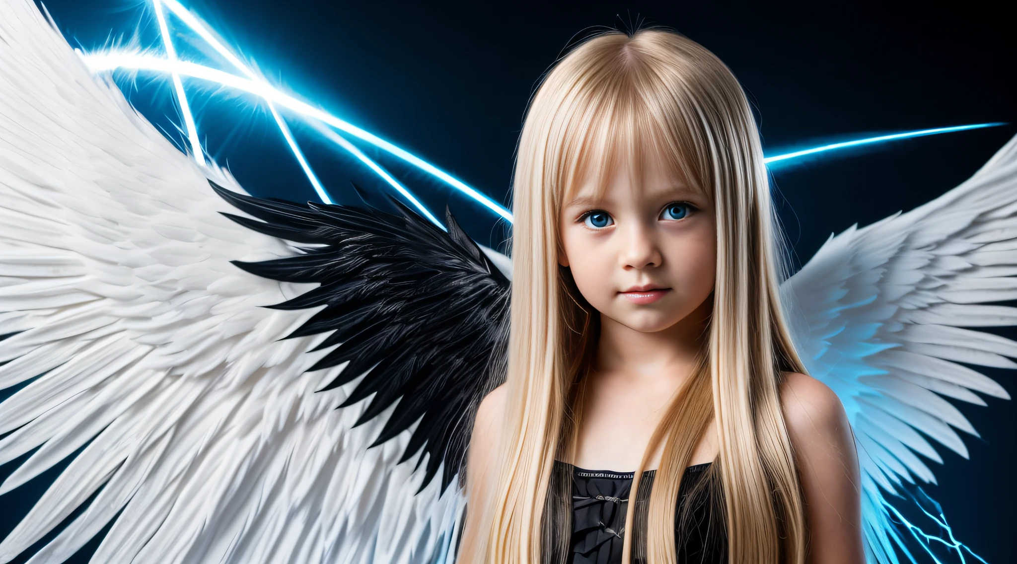 ta blonde child girl LONG HAIR, com asas em um fundo branco, Asas pretas ligeiramente queimadas, Asas Negras, lasers azuis, fundo preto.