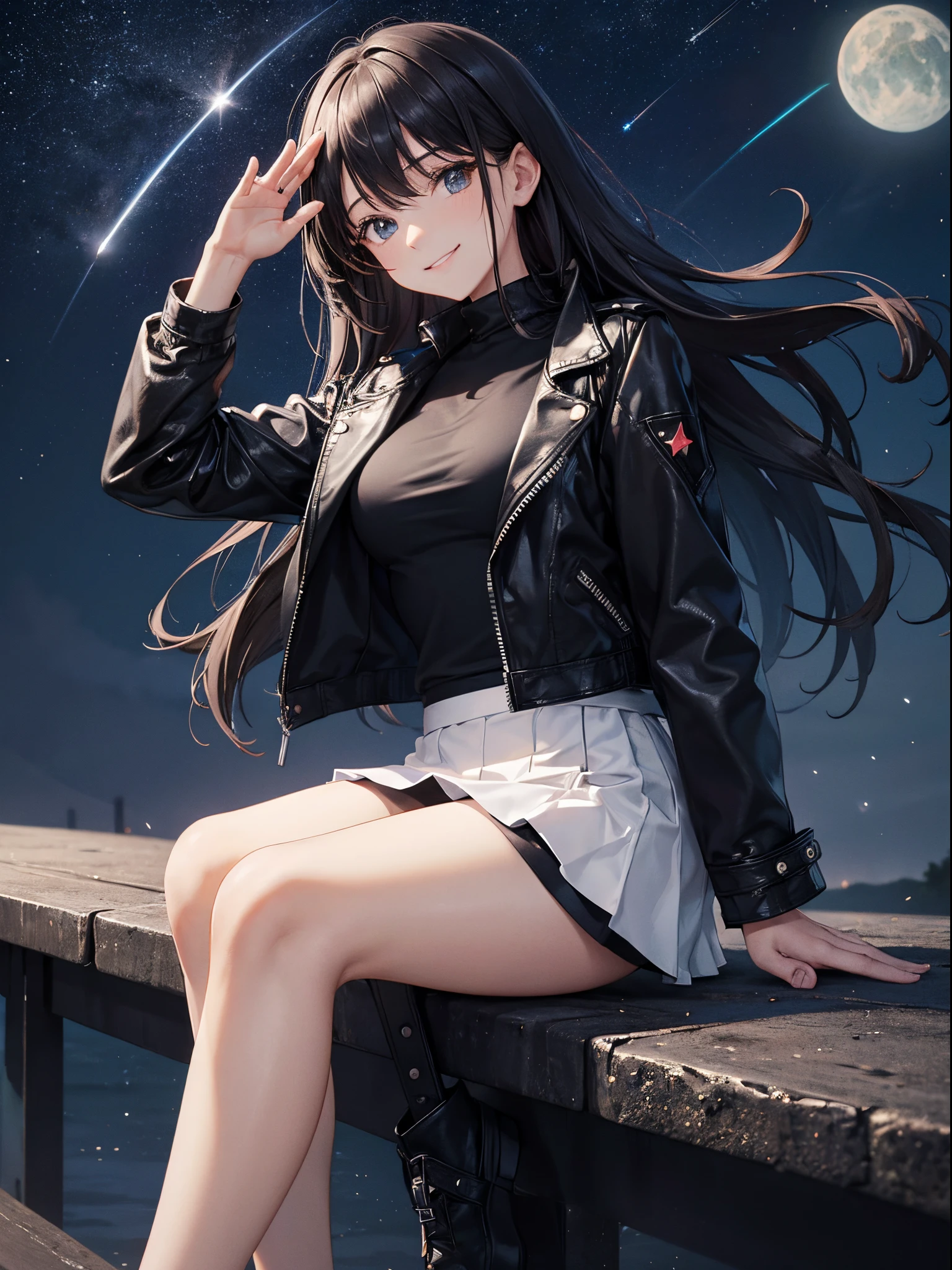 master piece,best quality, Solo woman, cute, sitting, black leather jacket,white T-shirt, black tight skirt, shy smile, black hair, long hair, waving in a strong wind hair, There are many stars in the pitch black night sky
