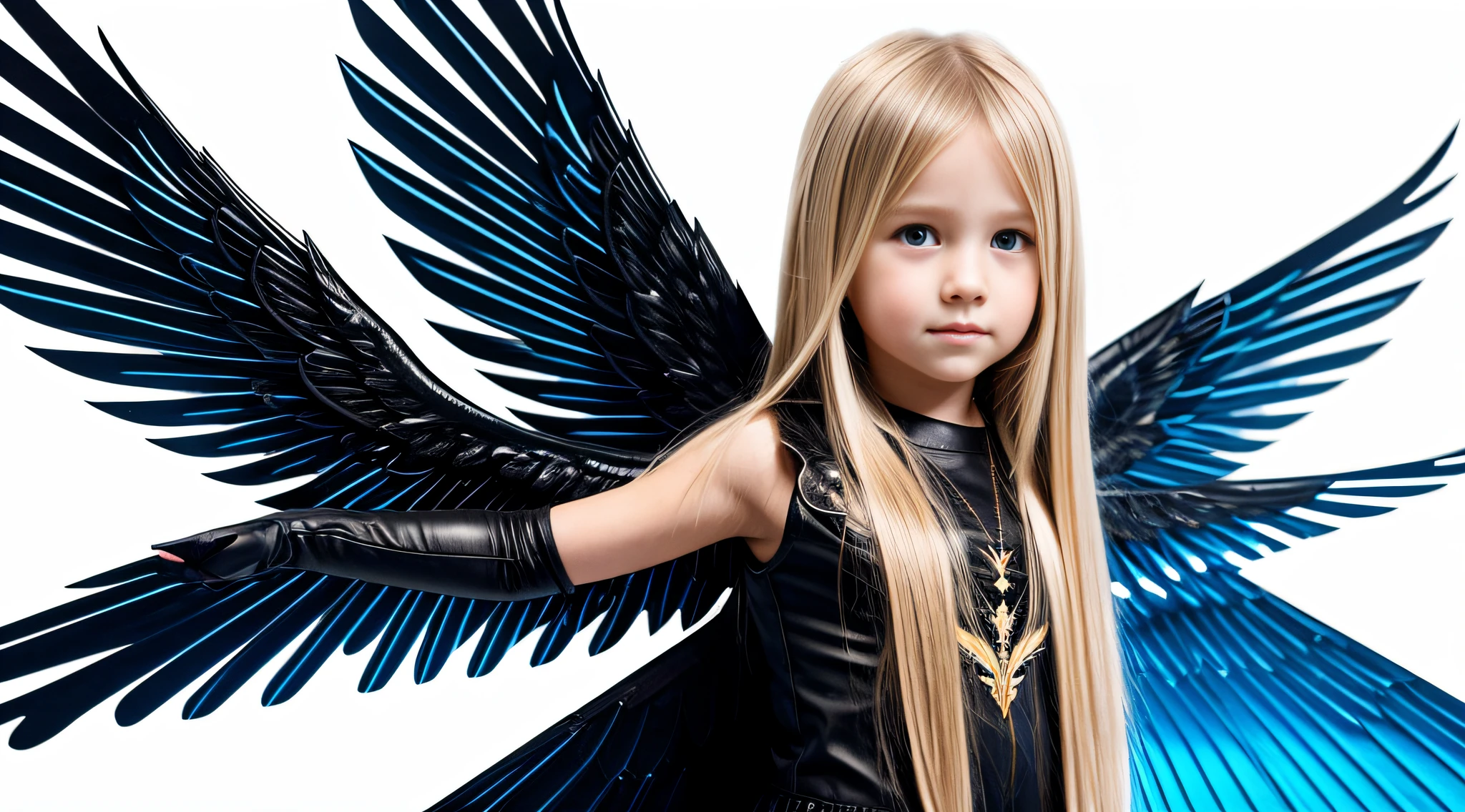 ta blonde child girl LONG HAIR, com asas em um fundo branco, Asas pretas ligeiramente queimadas, Asas Negras, lasers azuis, fundo preto.