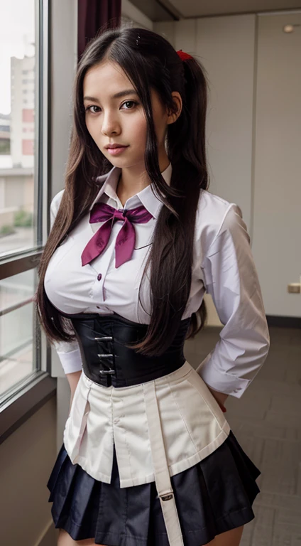 Church at dusk、with a girl：Her hair is black and long、14 years、small face、Moist eyes、natural makeup、((Look straight at your audience))、light smile、Her face is round and cute、((upper body enamel corset))、((chastity belt on lower body))、(Chapel、with a girl:1.3)、scene：There is a beautiful scene in the background.、The world of cinematic lighting、It&#39;s a fantastic atmosphere。The scene expresses the imagination and sensibility of the girl、Pubic hair shows completely naked pubic hair) ,more_become familiar with:1.5, (More and more_become familiar with:1.9)、(((The steel chastity belt between the legs was real.、It will be locked with a small padlock.:1.1)))、Full body Esbian、Full body shot、black knee-high fishnet stockings、red enamel high heels、I&#39;m putting one foot in front of the other、Neck Corset、((transparent see-through cardigan))