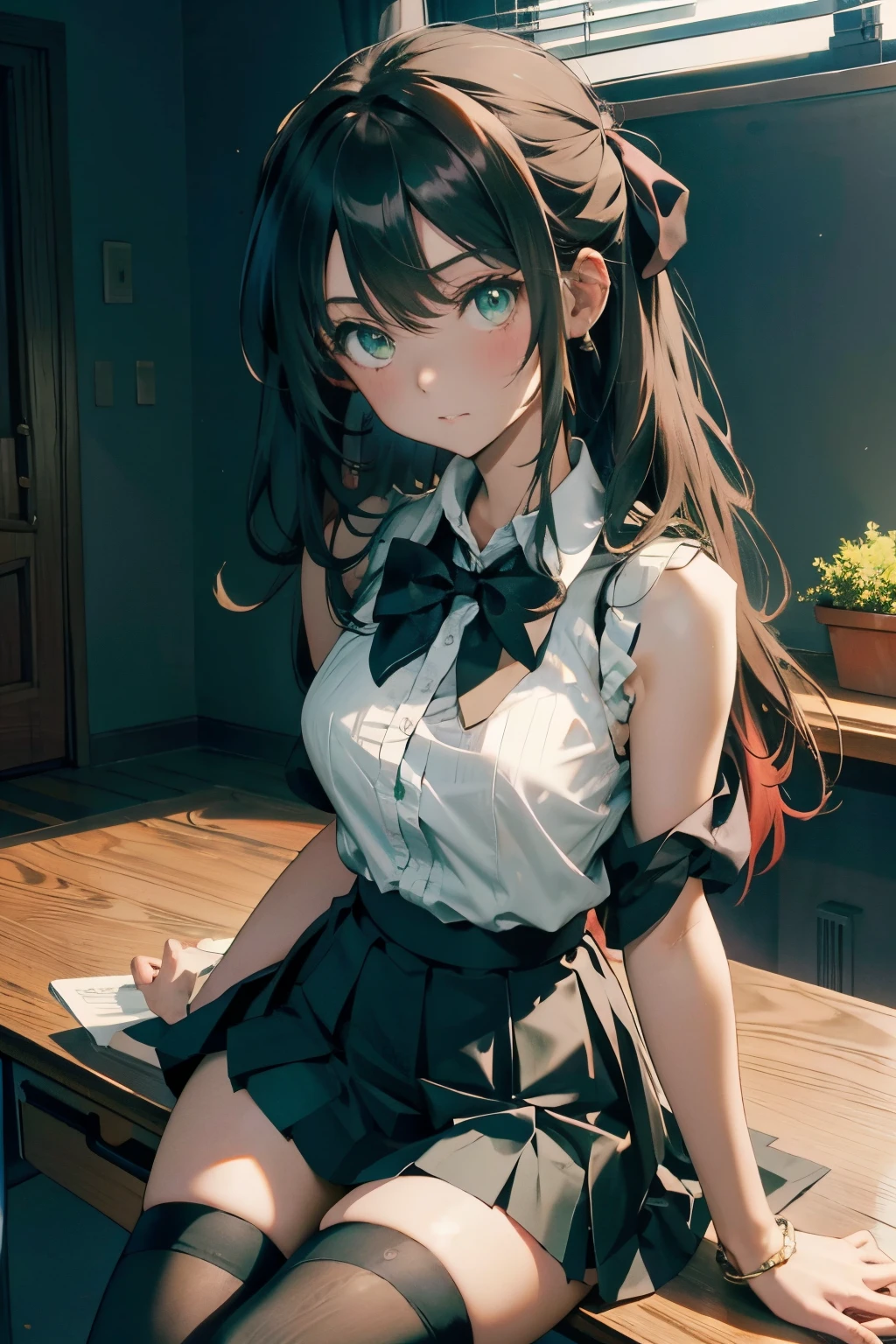 an anime girl sitting on top of a desk, 1girl, solo, long hair, black skirt, shirt, thighhighs, sleeveless shirt, sitting, sleeveless, pleated skirt, looking at viewer, indoors, off shoulder, collared shirt, open clothes, , black thighhighs, green eyes, desk, bowtie, shy, bow,1girl, Cecilia,more_details:-1, more_details:0, more_details:0.5, more_details:1, more_details:1.5