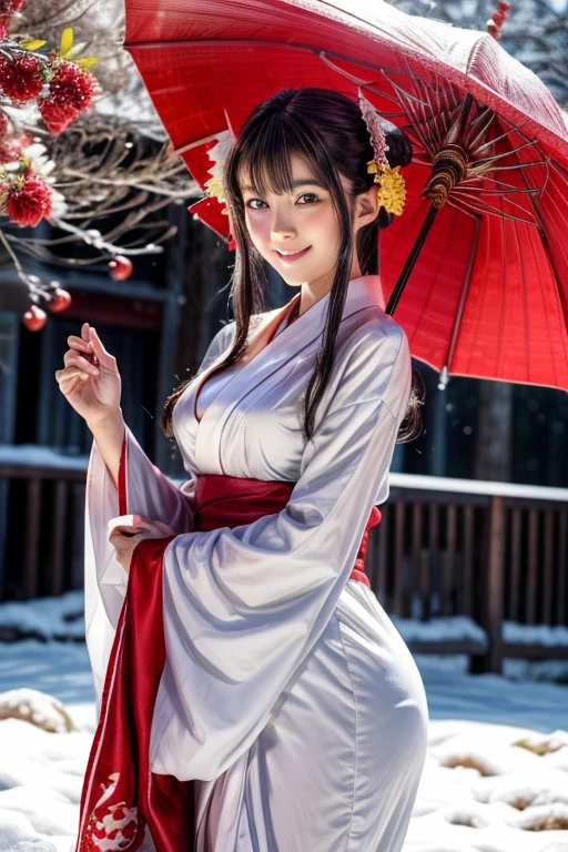 (masutepiece:1.3, Photorealsitic:1.4, 8K), top-quality, ​masterpiece, 超A high resolution, Perfect dynamic composition, Highly detailed skin and facial texture:1.3, A detailed eye, Detailed limbs, Night precincts in snowy country:1.2, 1girl in, Cute sexy 22 year old slim woman, Fair skin, ((Natural smile:0.9, Totally captivates you:1.0)), ((accurate shrine maiden costume)), ((voluptuous breasts:0.9)), (Facing the front, randome pose), (Beautiful blue eyes, Eyes that feel beautiful eros:0.85), Sexy face:0.4, (A mouthfeel that feels beautiful eros:0.85), ((Too cute beauty:0.9))