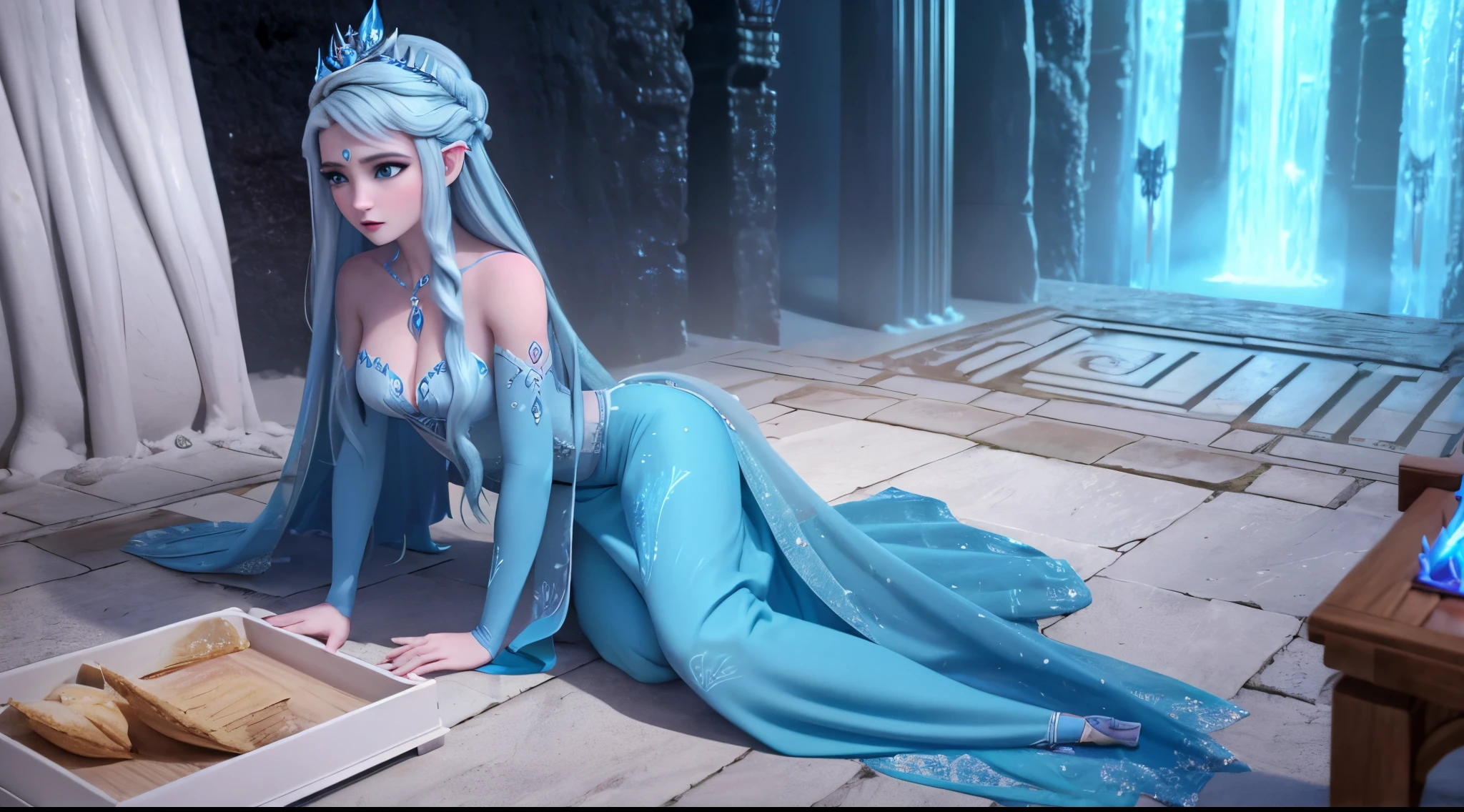 Cor de pele Azul como filme Avatar, Mulher de cabelo branco vestida com um traje com chifres e uma coroa, Rainha do gelo e da tempestade, Feiticeira do Gelo, rainha do gelo, Bruxa Frost Antiga Bonita, Ne zha de smite |, Rainha do Submundo, A Rainha do Gelo, com uma parede de gelo, mago de gelo, em uma caverna gelada, succubus | medieval esculpida como uma deusa