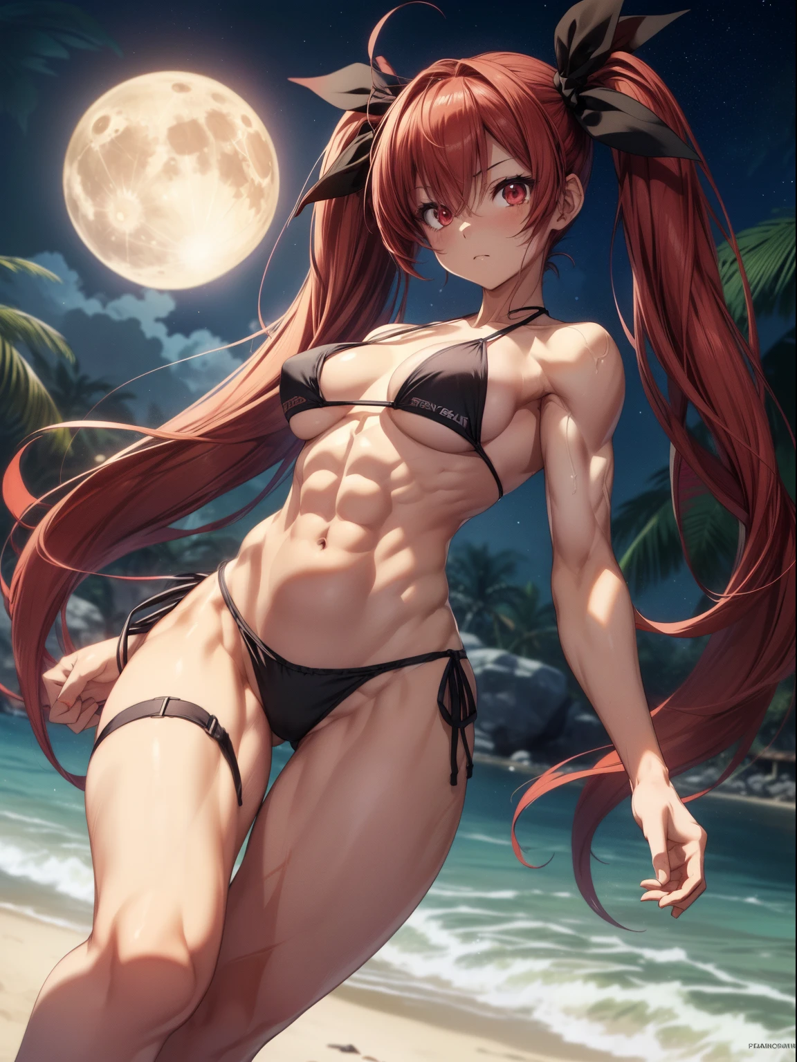 1 girl, (medium breasts))), (((wearing short bikini))), (long red hair), (((red eyes))), thin arms, (on the beach at night with starry sky and full moon blood), (slim waist), (((muscular legs))), muscular belly, bare feet, (standing)(((showing her big ass to me))), (full body photo), (red eyes , (twintails), long eyes, reflex eye, bad mood, anime, anime style, ray tracing, glow, drop shadow, panorama, Sony FE, 8k, UDisk, masterpiece, accurate, anatomically correct, Super detail, best quality, ultra high resolution, UDisk hard, 16k