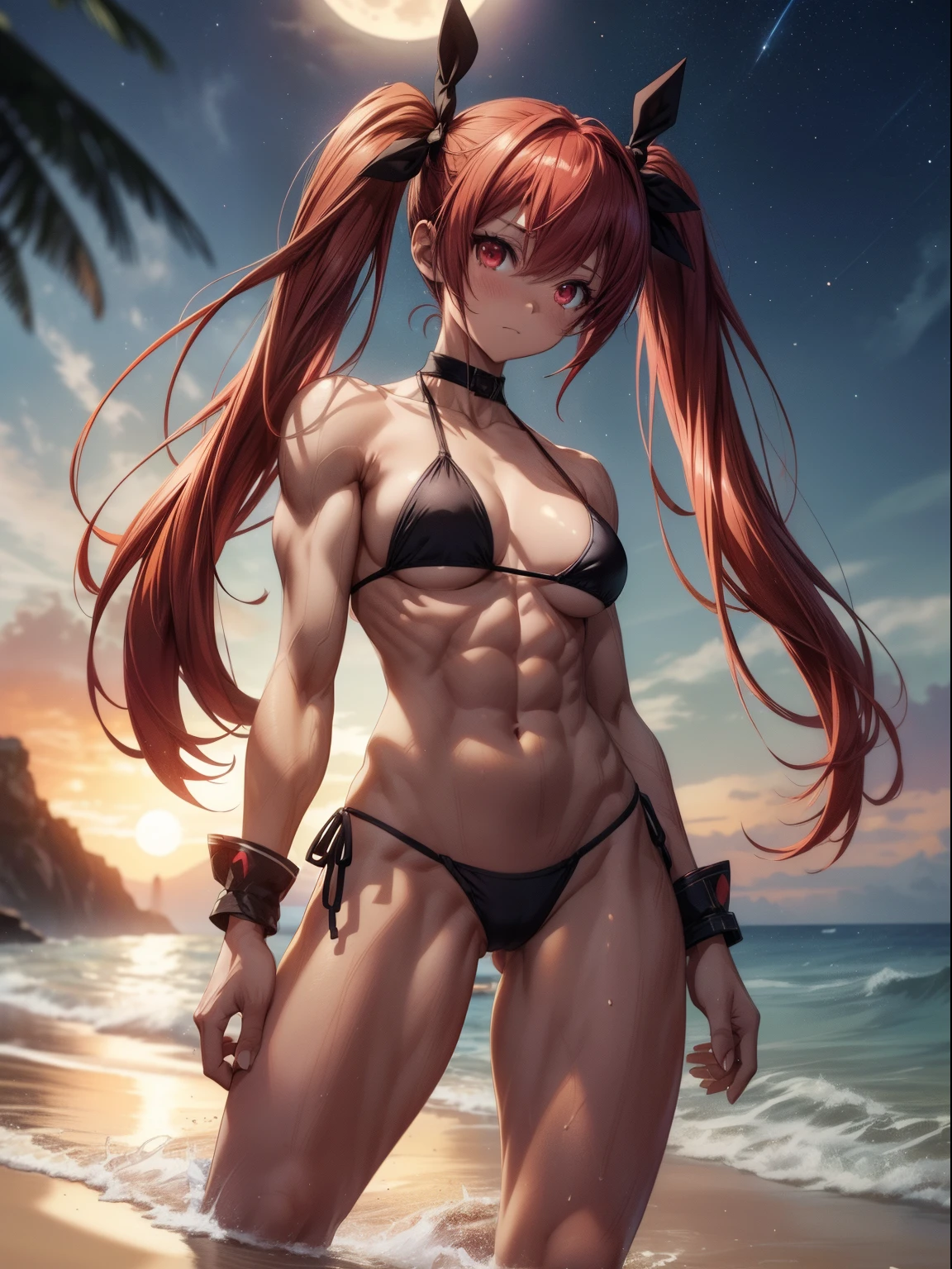 1 girl, (medium breasts))), (((wearing short bikini))), (long red hair), (((red eyes))), thin arms, (on the beach at night with starry sky and full moon blood), (slim waist), (((muscular legs))), muscular belly, bare feet, (standing)(((showing her big ass to me))), (full body photo), (red eyes , (twintails), long eyes, reflex eye, bad mood, anime, anime style, ray tracing, glow, drop shadow, panorama, Sony FE, 8k, UDisk, masterpiece, accurate, anatomically correct, Super detail, best quality, ultra high resolution, UDisk hard, 16k