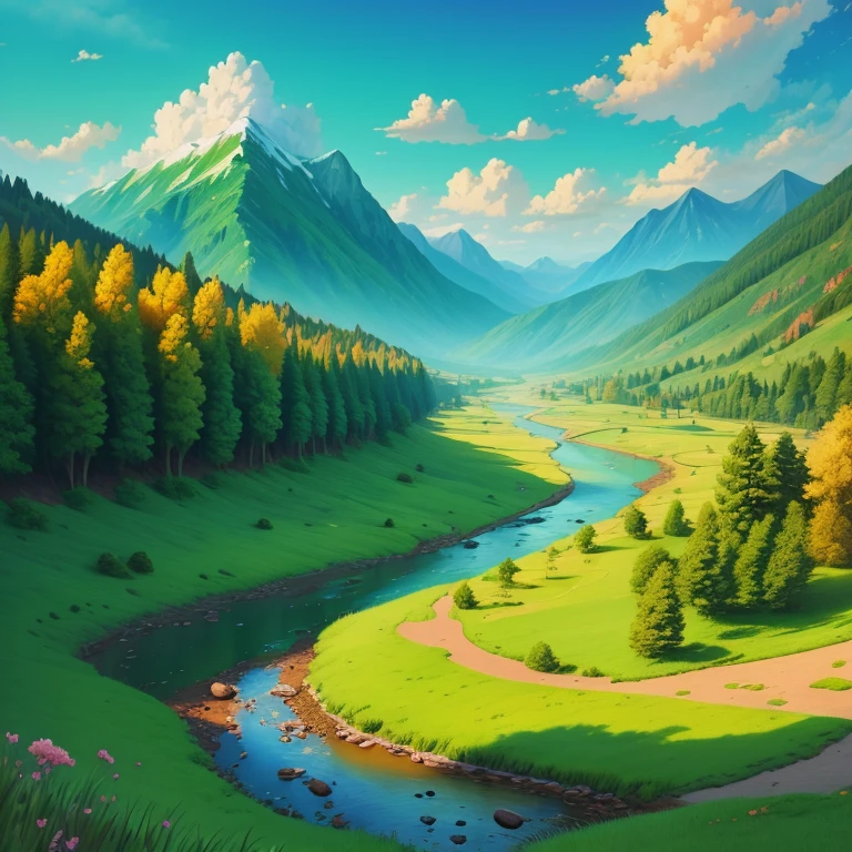 (digital painting),(best quality), (detailed), (illustration), (cartoonish), river flowing, green grass, clouds, small trees, vibrant colors, mountains covered with grass