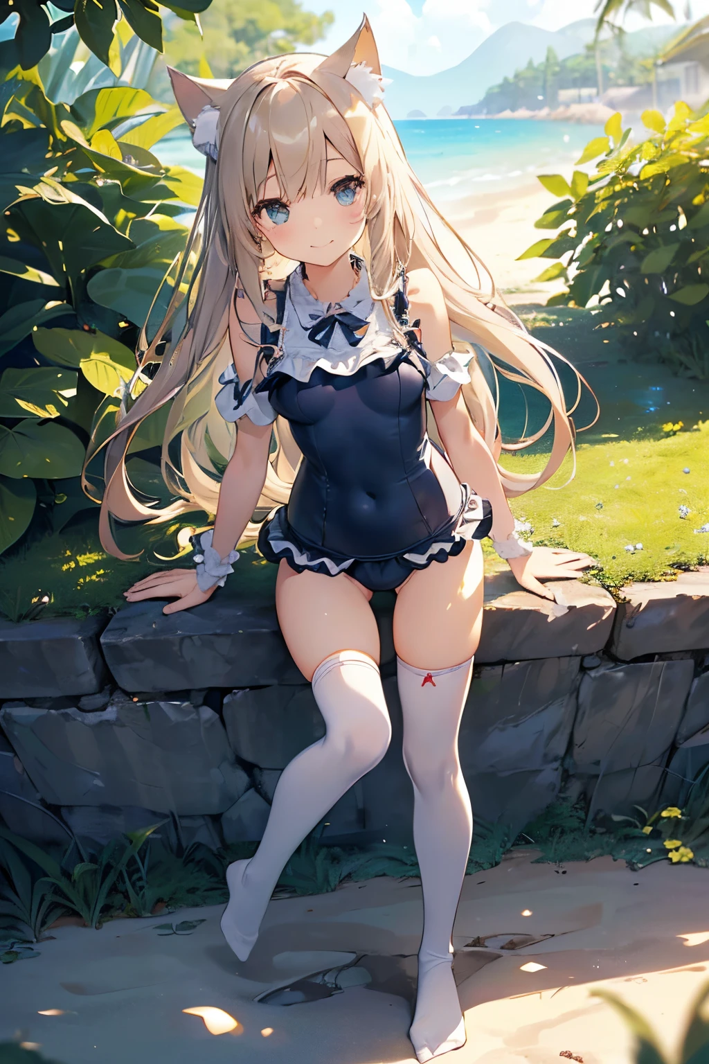 ((2D beautiful girl、top-quality、Perfect Finger 1.3、Perfect Anatomy 1.3、extremely delicate and beautiful illustration))、(Blur the background：1.2、cute petit girl、(transform sequence)、((Swimsuit with ruffles))、ars、Slender beautiful girl、Fractal Art、babye、((sht long hair))、Beautiful big drooping eyes：1.1、A smile、Full Body Display、Western-style garden、（1 persons）、quiet sandy beach、（knee high socks）、is standing、cat ear、