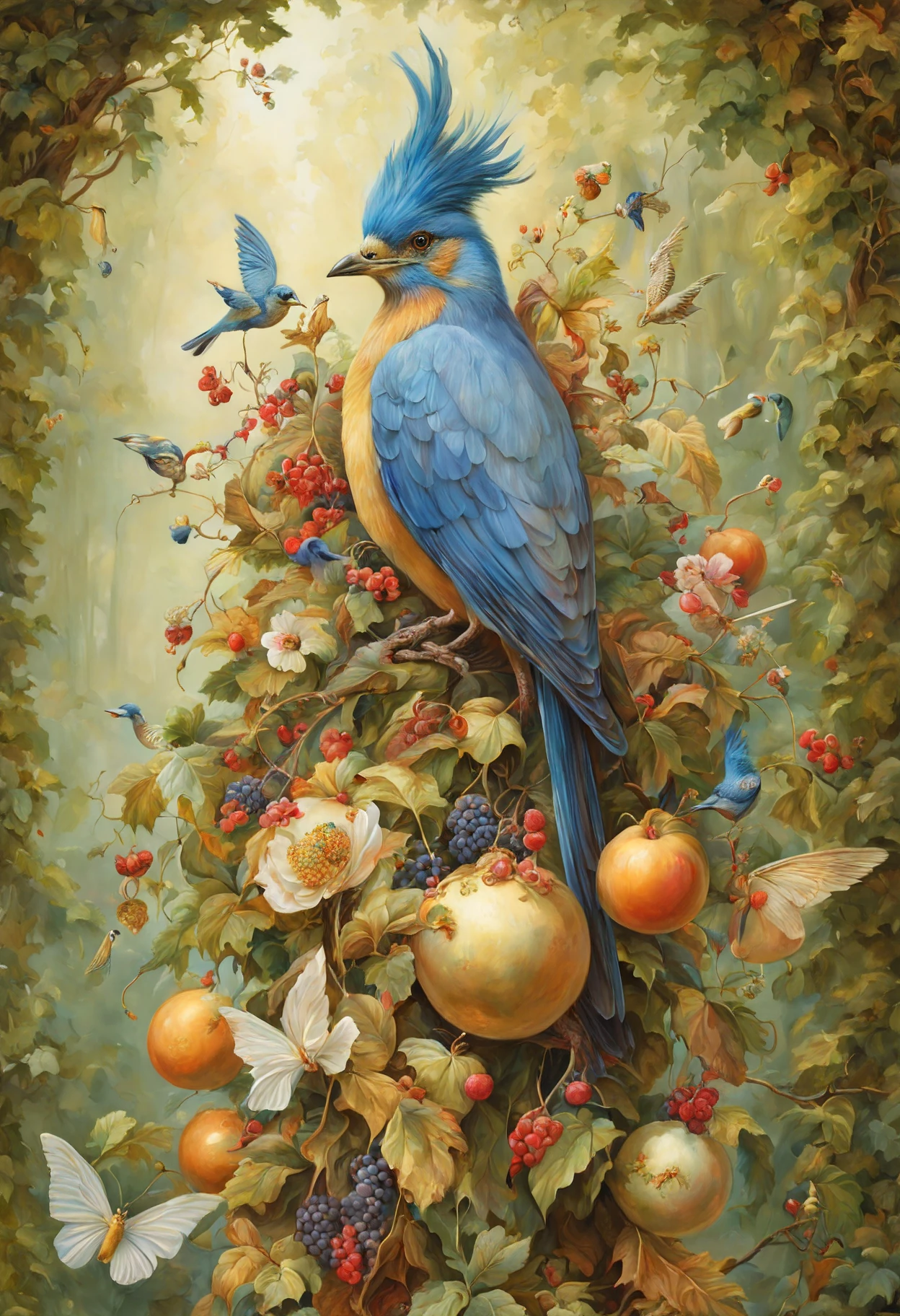 Whimsical and beautiful fantasy bird with party hats, encircling a feast of birdseed and berries, forest setting, art by James Christensen, magical forest, covered in botanicals and flowers, ornate, hyper detailed face and eyes, dripping paint, overgrown, abandoned, intricate, filigree, mother of pearl, 3D, fabulous, fantastical, gold leaf trim, magical, masterpiece painting, hyper detailed, captivating, enchanting, intense, scattered light, composed using the golden ratio, award winning, perfect composition, ultra hd, 8K, realistic, highly detailed, lighting by Vladimir Volegov and Steve Hanks