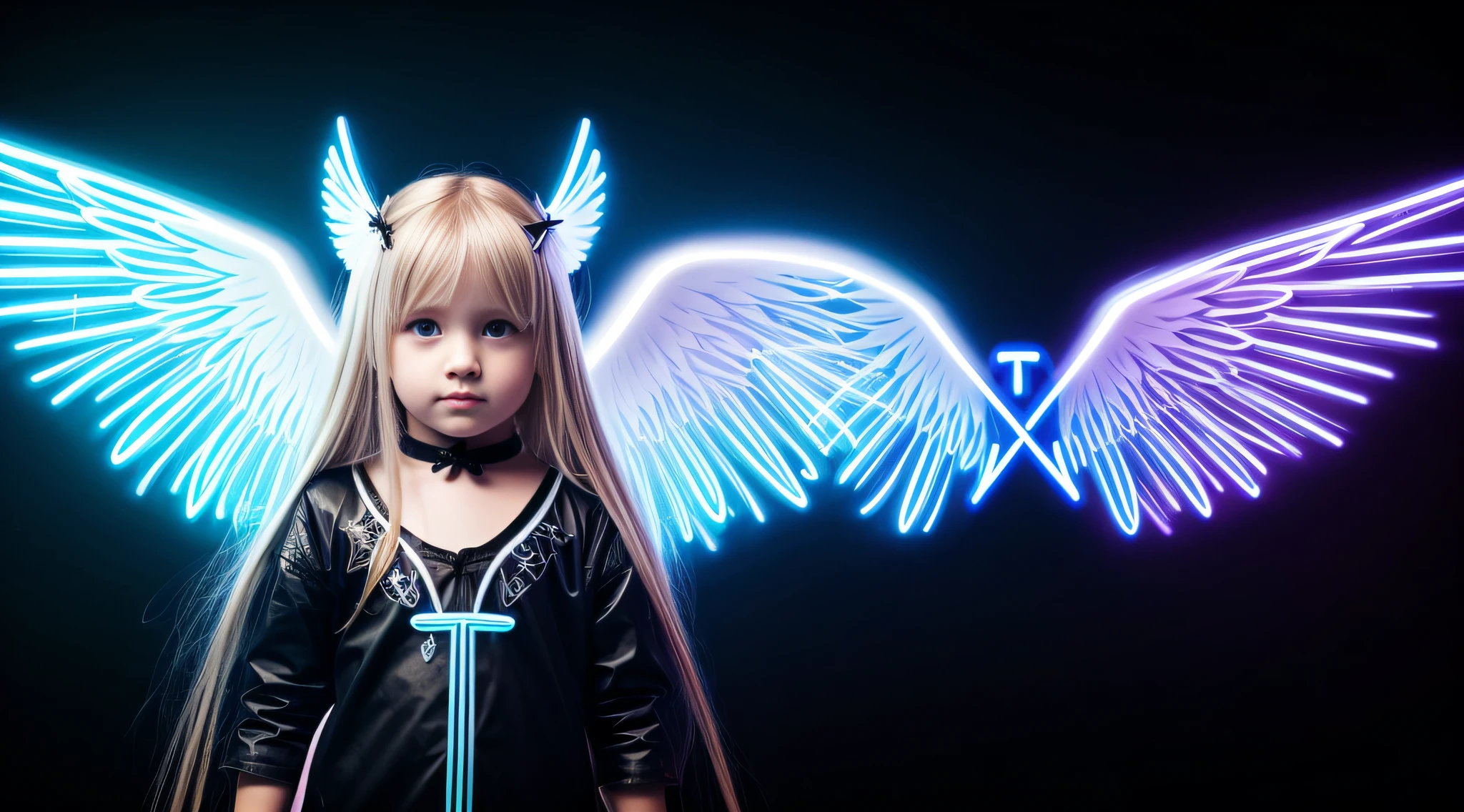 ta blonde child girl LONG HAIR, com asas em um fundo branco, Asas pretas ligeiramente queimadas, Asas Negras, lasers azuis, fundo preto. neon crosses.