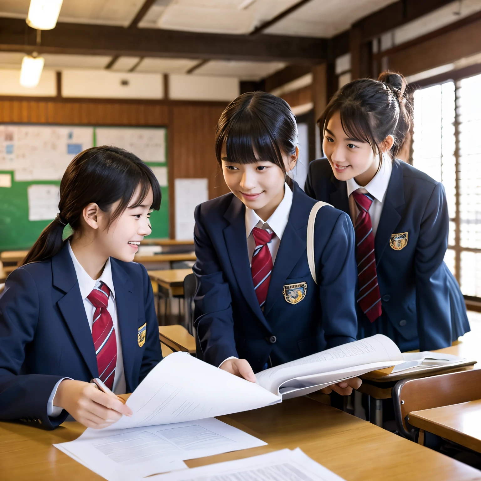In the classroom、Students in school uniforms discussing and exchanging opinions while looking at paper