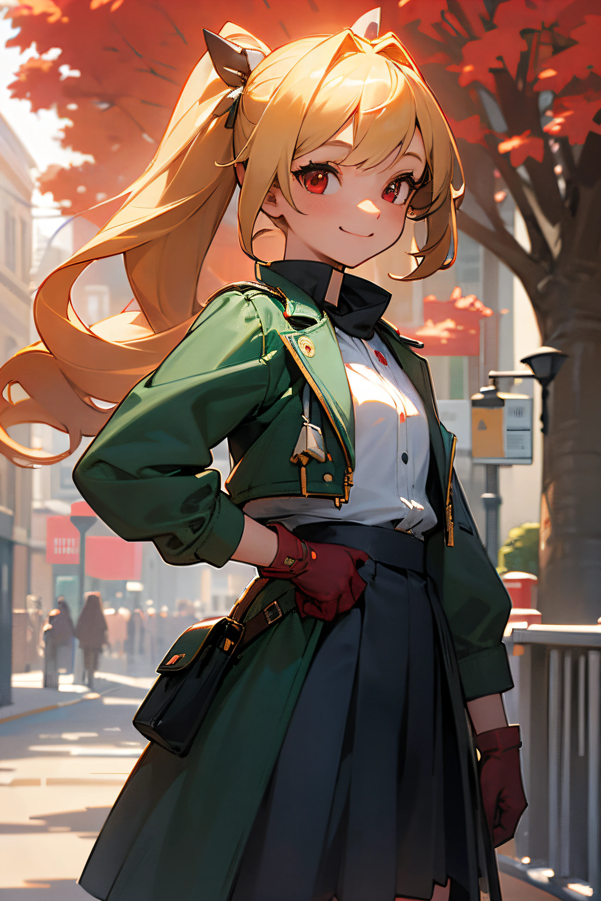 (Best Quality, Ultra-detailed, Realistic), A girl full of vitality、female high-school student、small tits、Rider's jacket、blondehair、Red Eyes、poneyTail、gloves、Cheerful smile、Stand in front of a street tree
