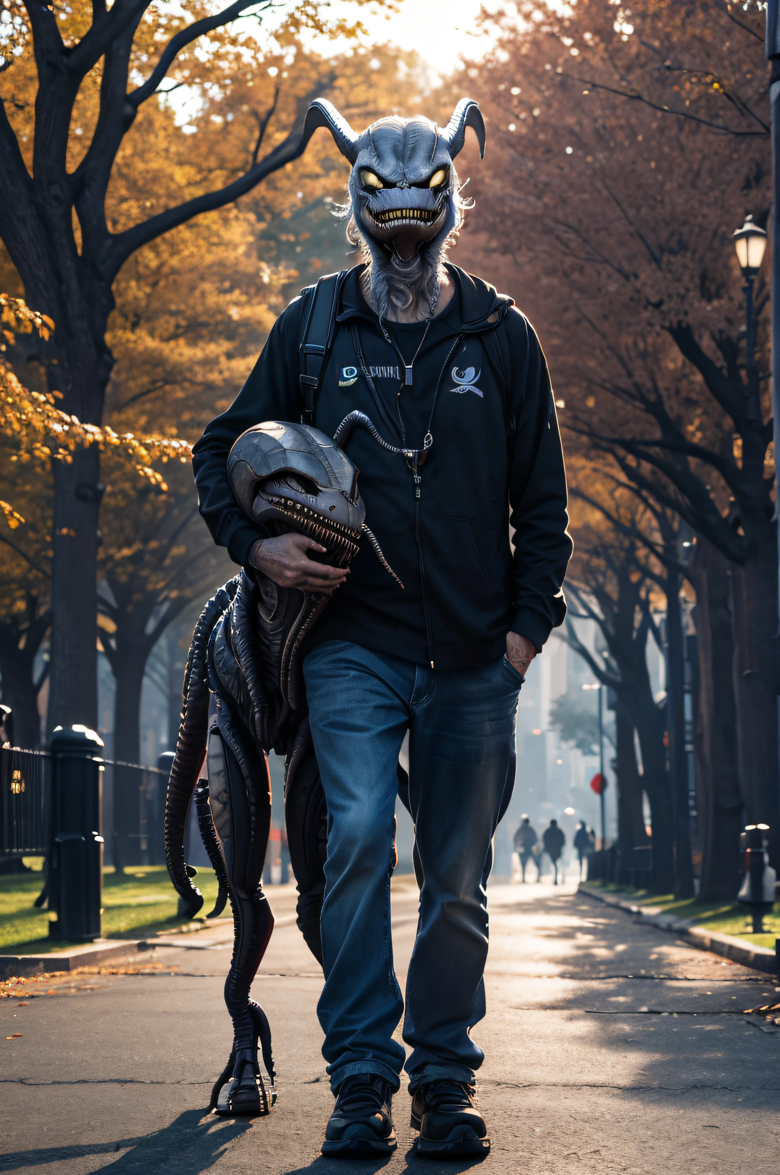 ((aged man friendly and content looking)) ((cute friendly Xenomorph from Aliens movie)) old man takes his Xenomorph for a walk in the park (man has Xenomorph on a leash) (Xenomorph looks up towards his master), ultra-detailed, bokeh, intricate details, Cinematic, ambient occlusion, scene in Central Park NYC (setting sun illuminates trees and skyscrapers), volumetric lighting, detailed 64K upanime, Sony A7S III, f/ 8. 0, 1/ 200, sharp focus, detailed 64K, at camera