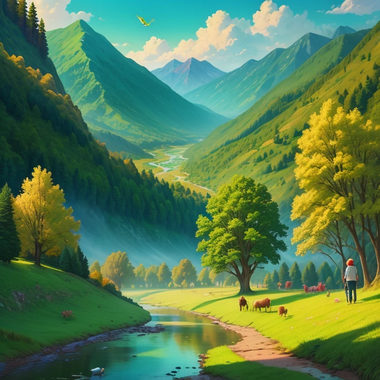 (digital painting),(best quality), (detailed), (illustration), (cartoonish), river flowing, green grass, clouds, small trees, vibrant colors, mountains covered with grass, couples walking, birds flying