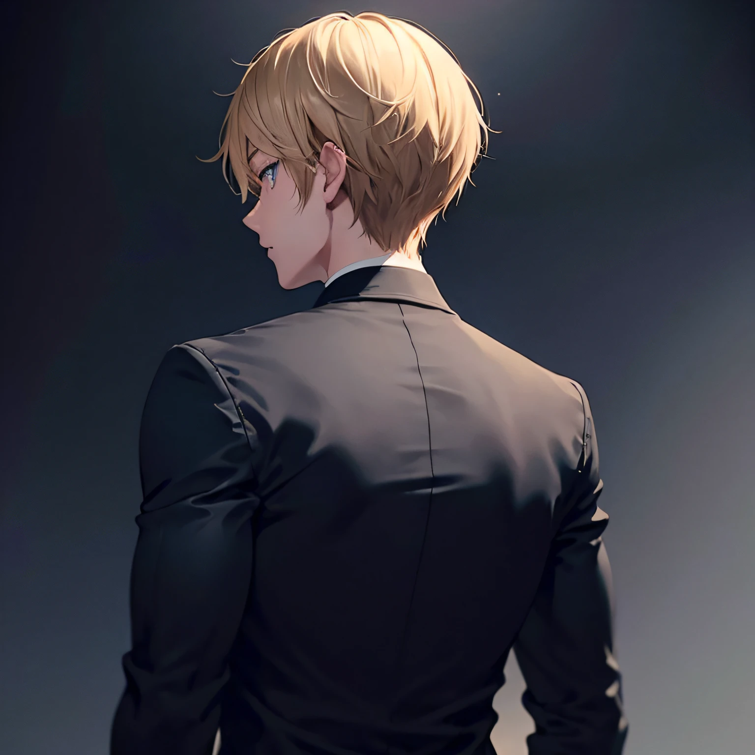 man,short blond hair,blue eye,black suit,black shirt,soft lighting, volumetric lighting, intricate details, hyper detailed,(extremely fine and beautiful), (perfect details),semi side view,from behind